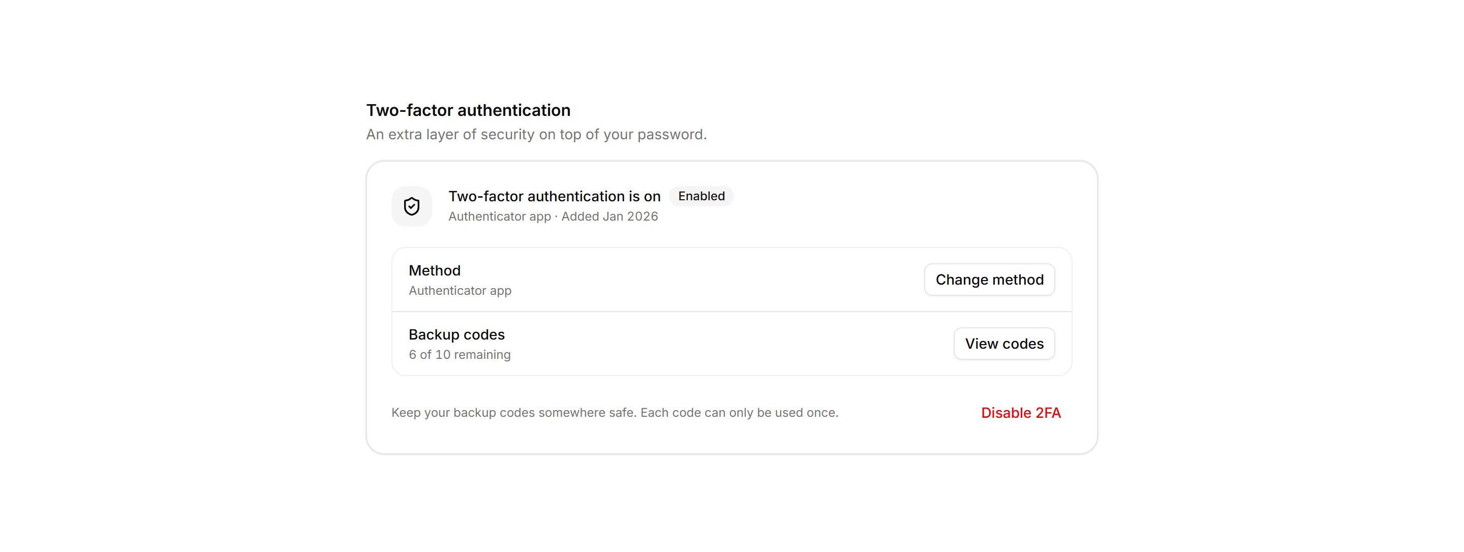 Application Profile and Account: Two Factor Status Card
