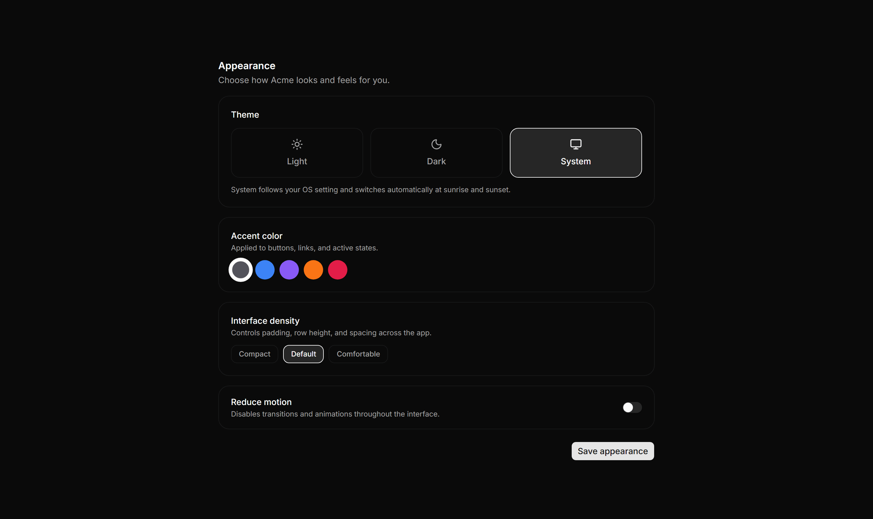 Application Setting: Appearance Settings