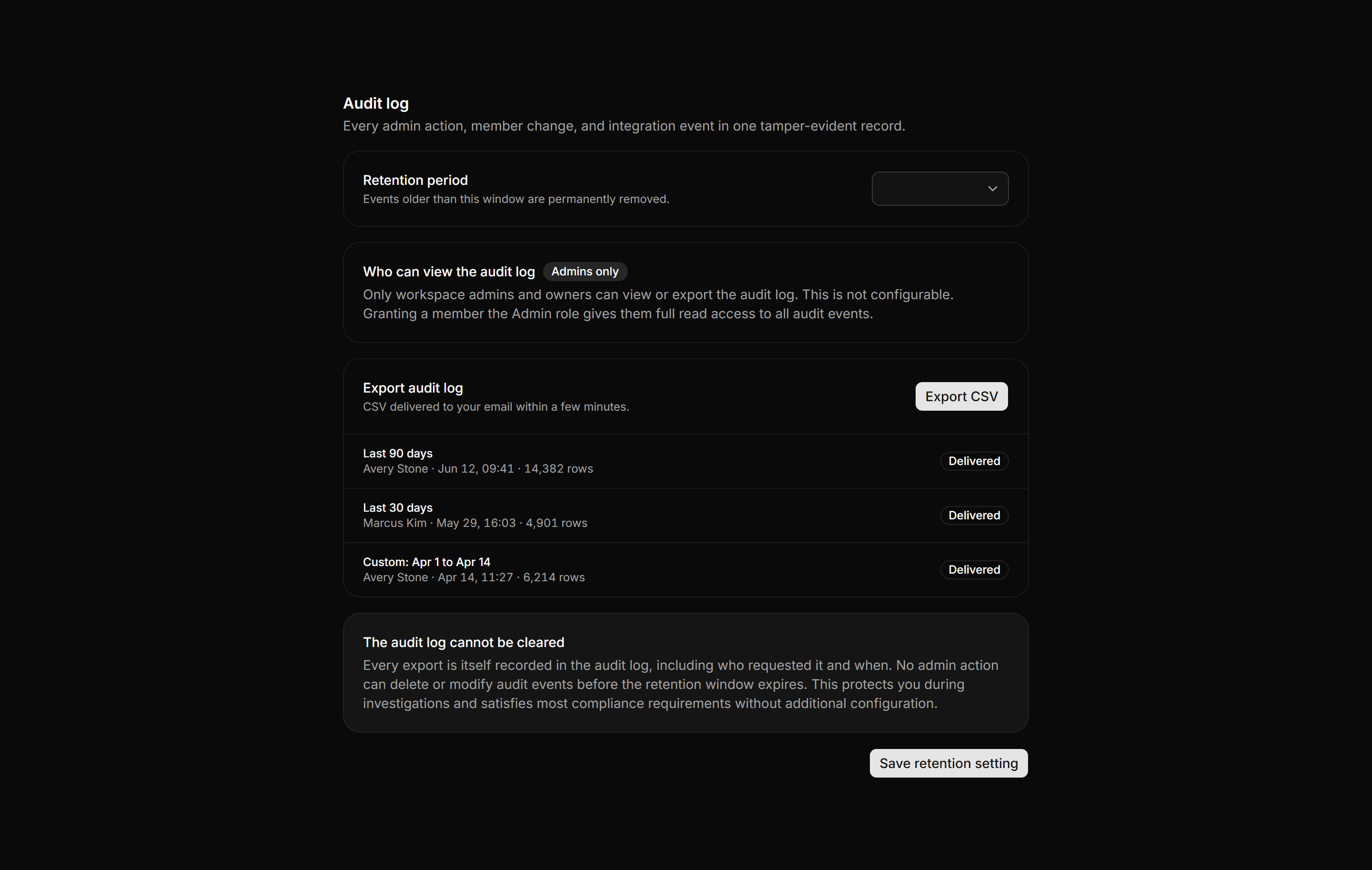 Application Setting: Audit Log Settings