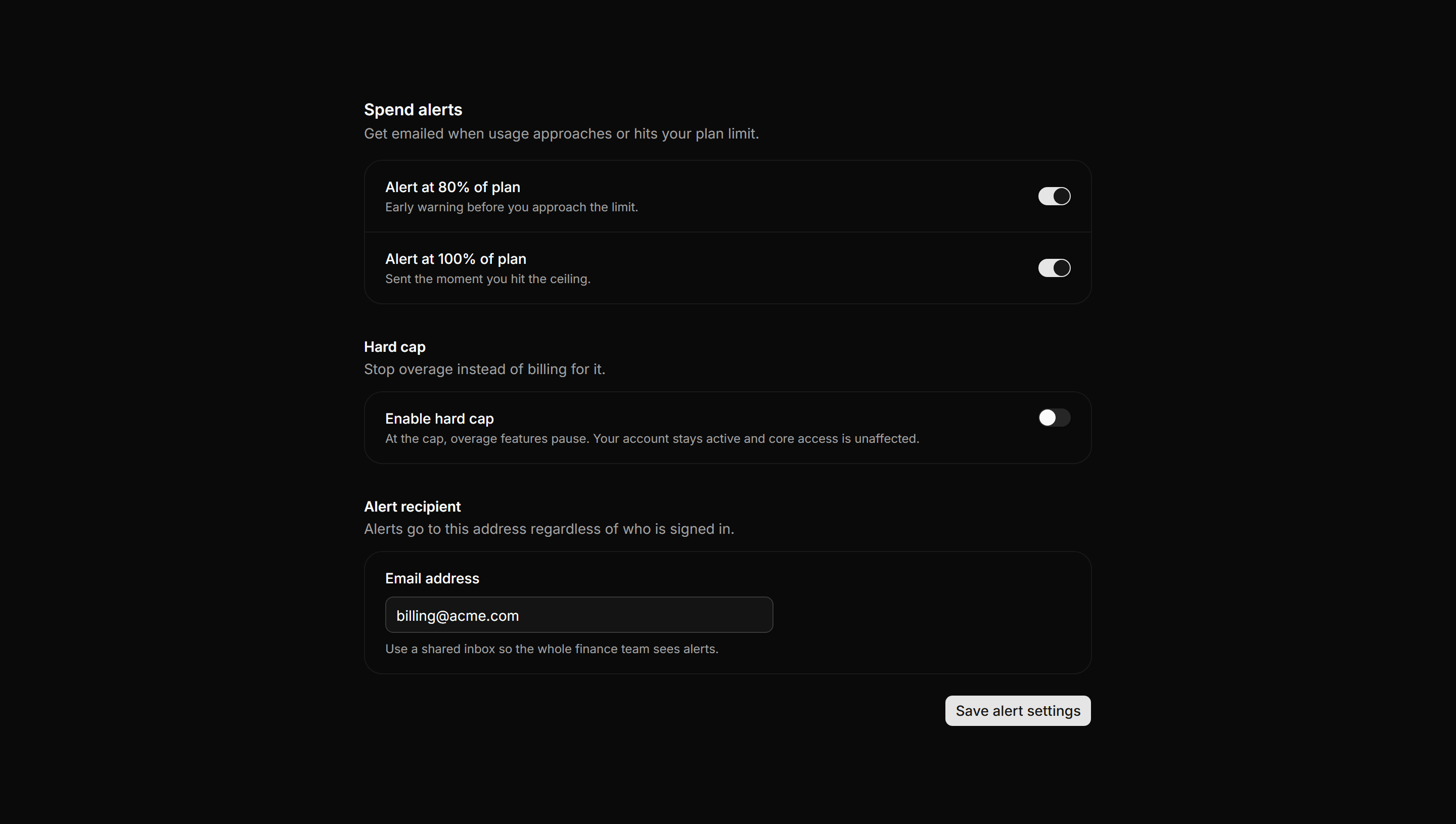 Application Setting: Billing Alerts Settings
