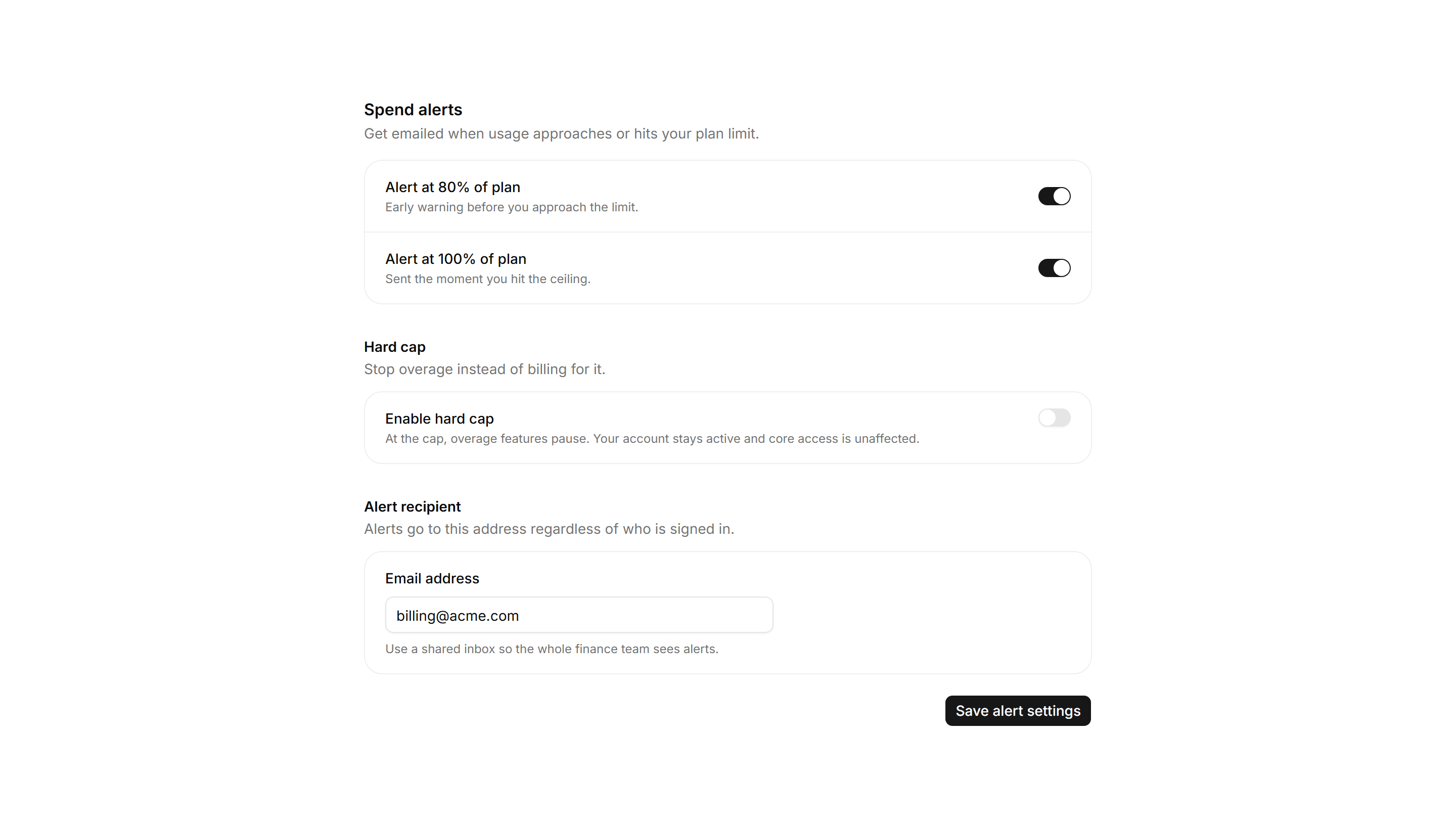 Application Setting: Billing Alerts Settings