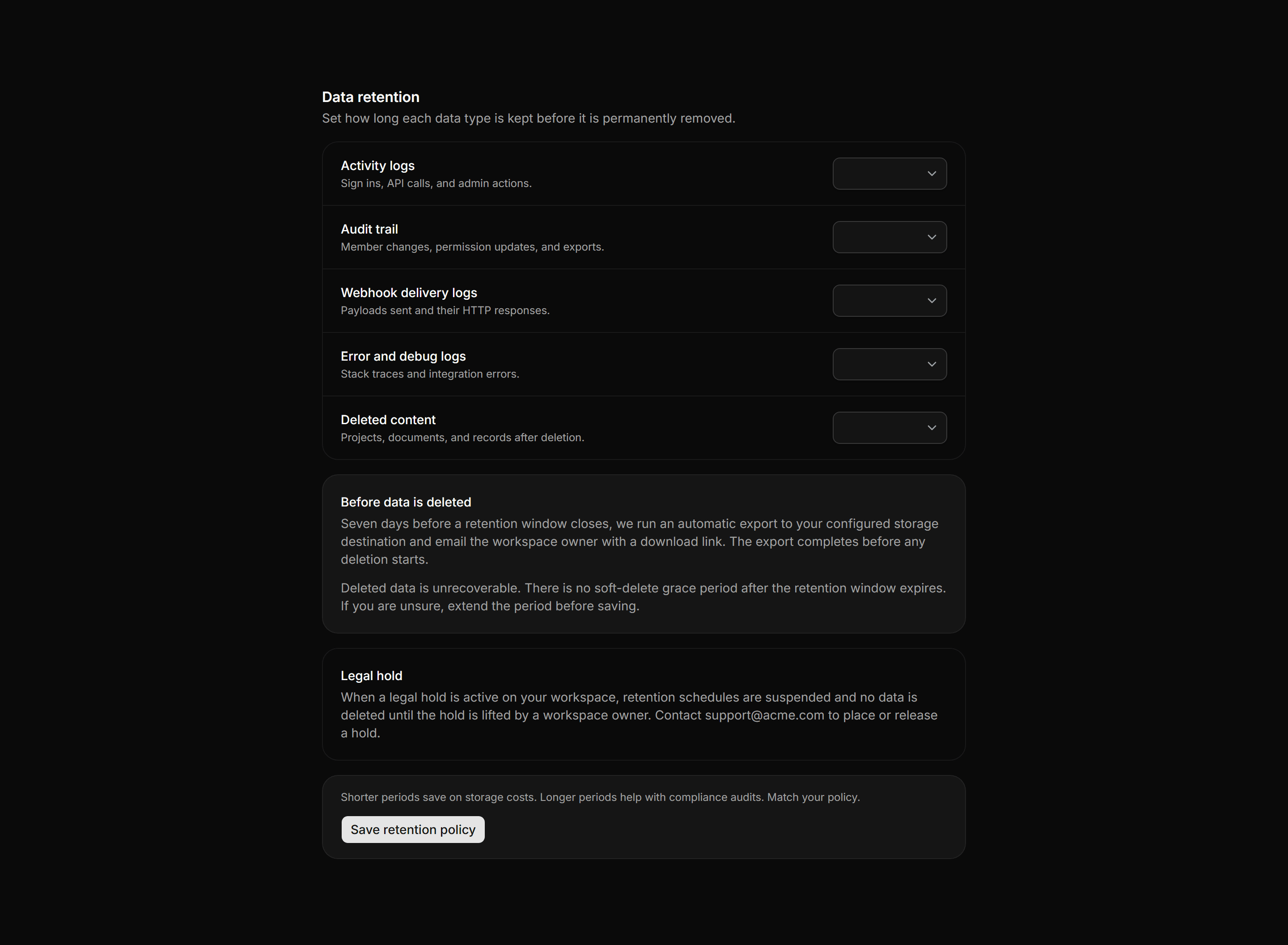 Application Setting: Data Retention Settings