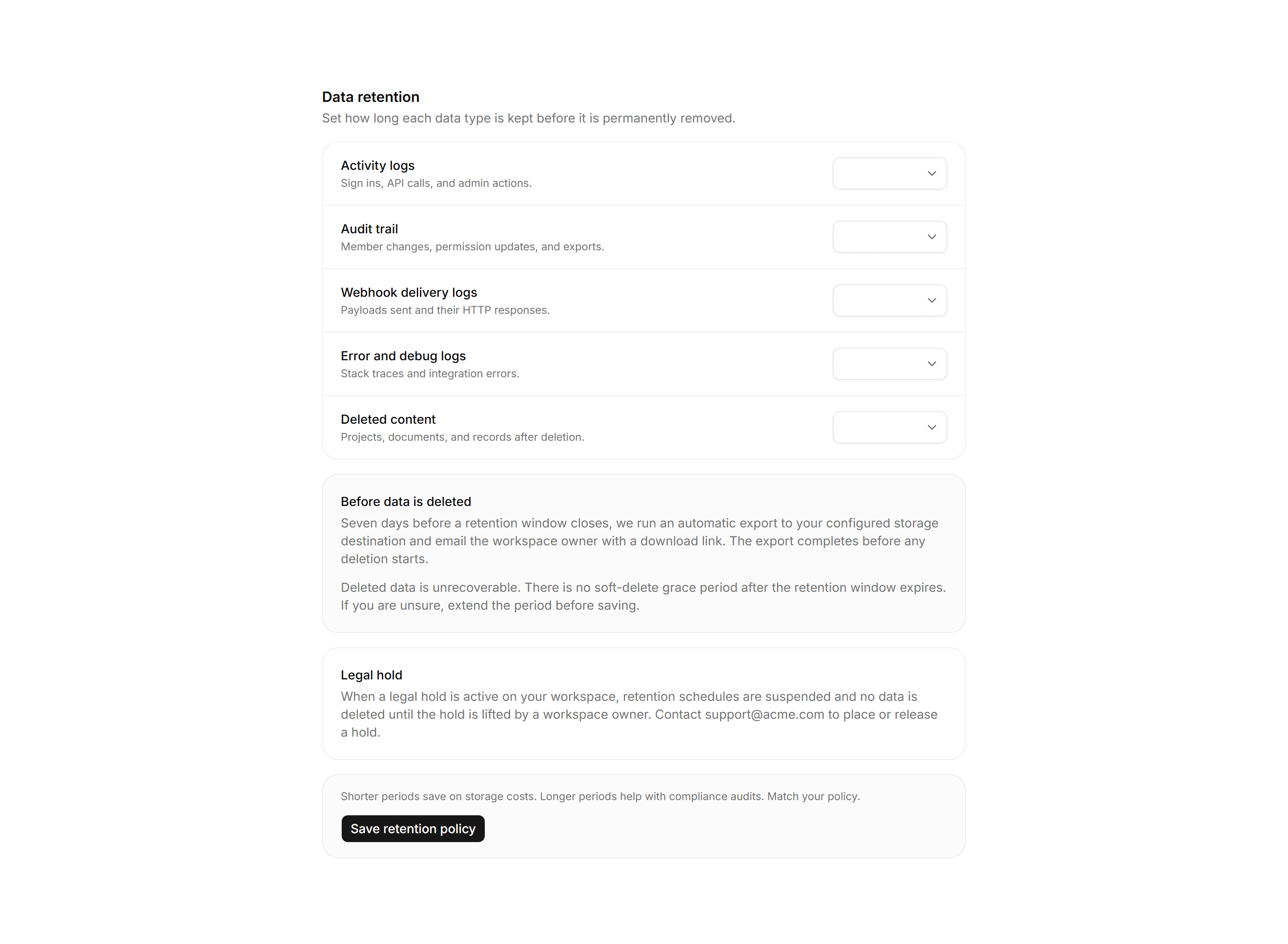 Application Setting: Data Retention Settings