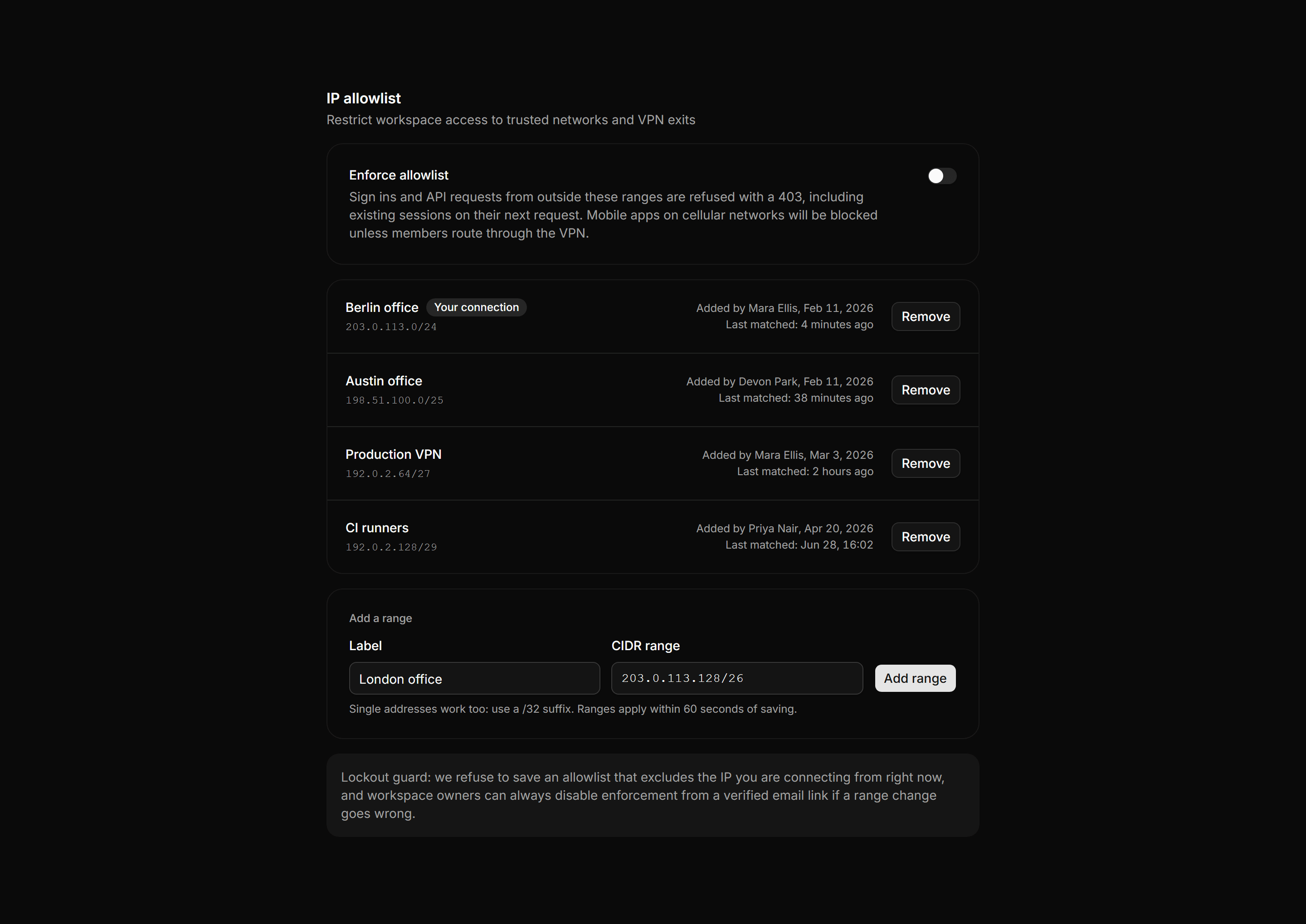 Application Setting: IP Allowlist Settings