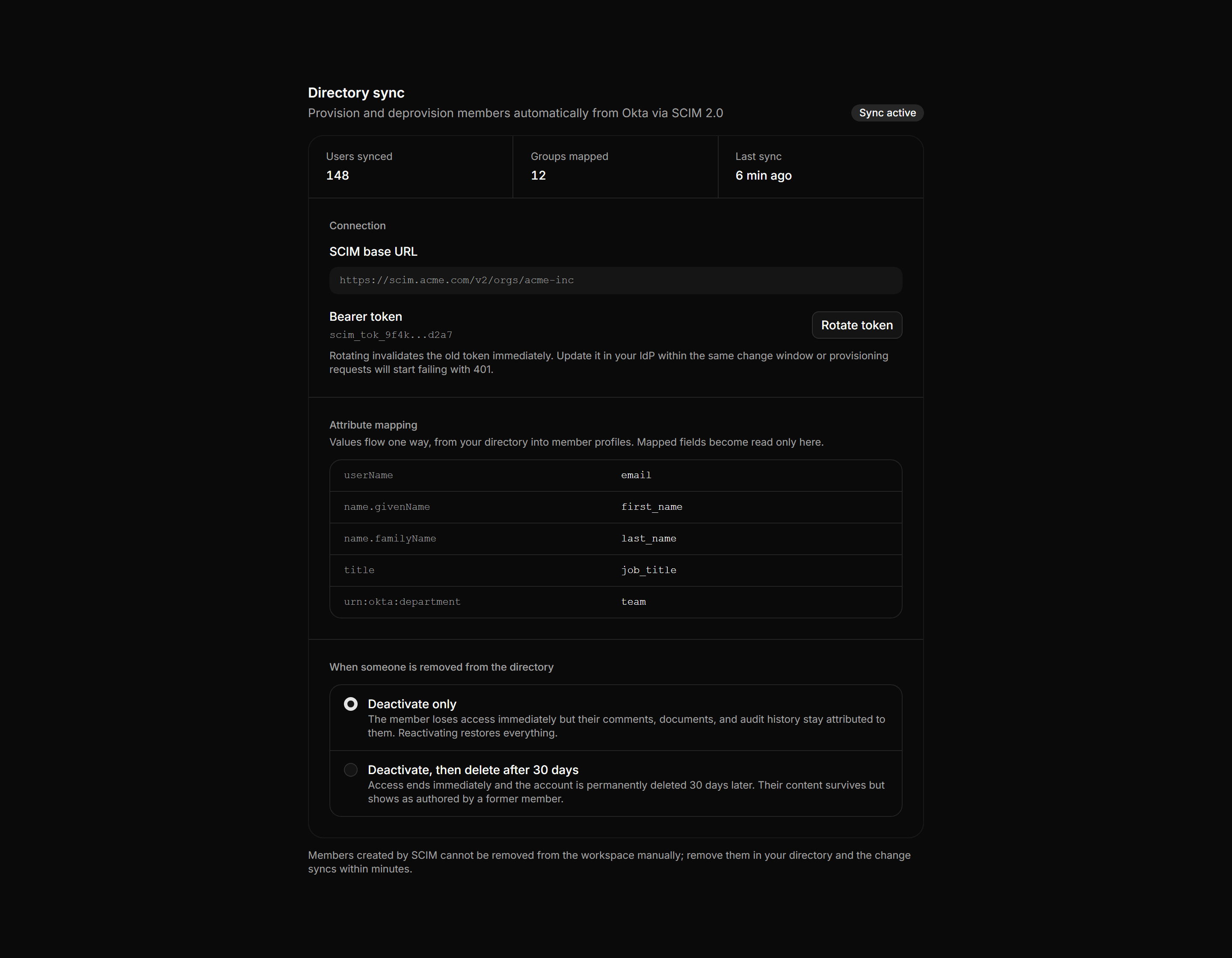 Application Setting: SCIM Provisioning Settings