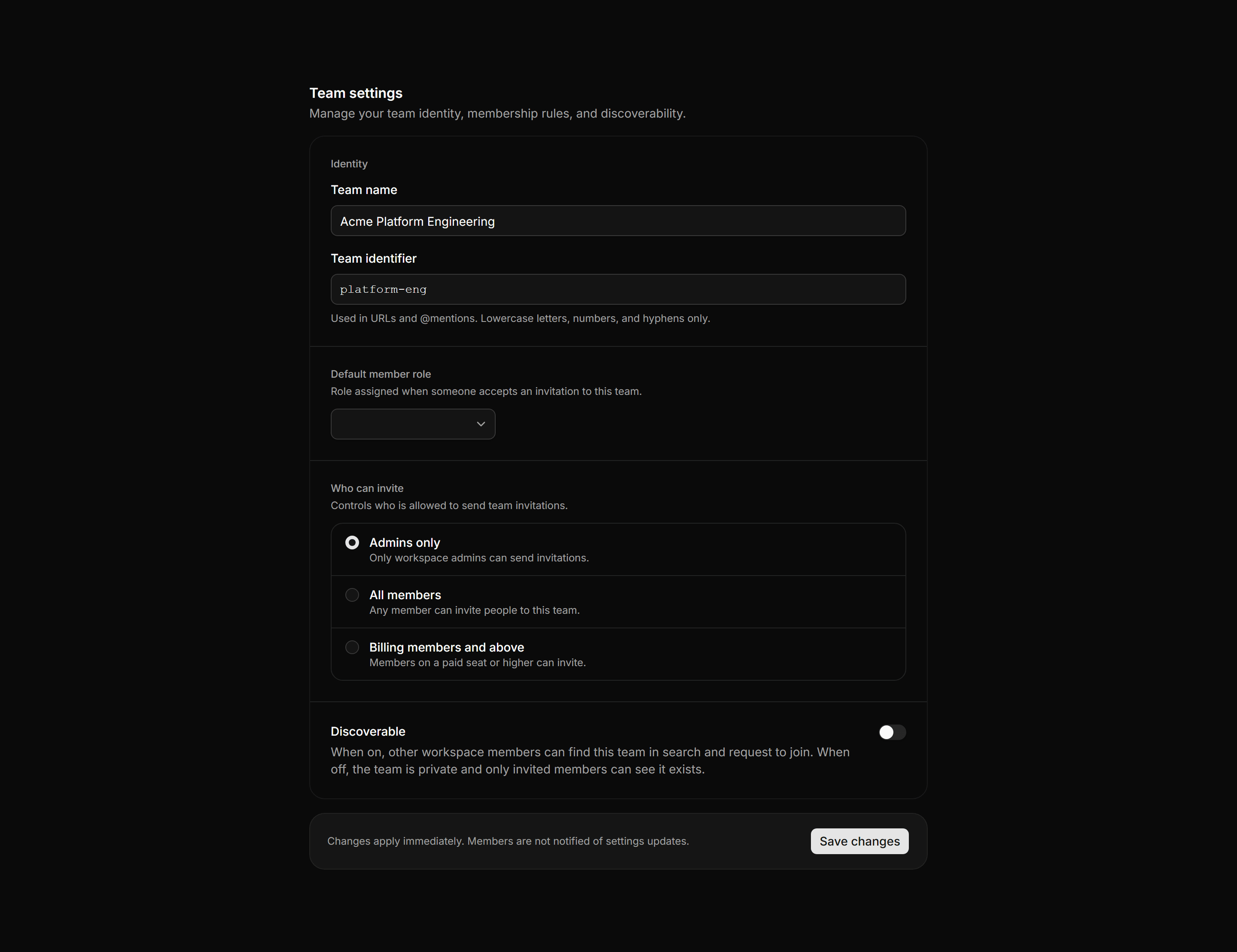 Application Setting: Team Settings