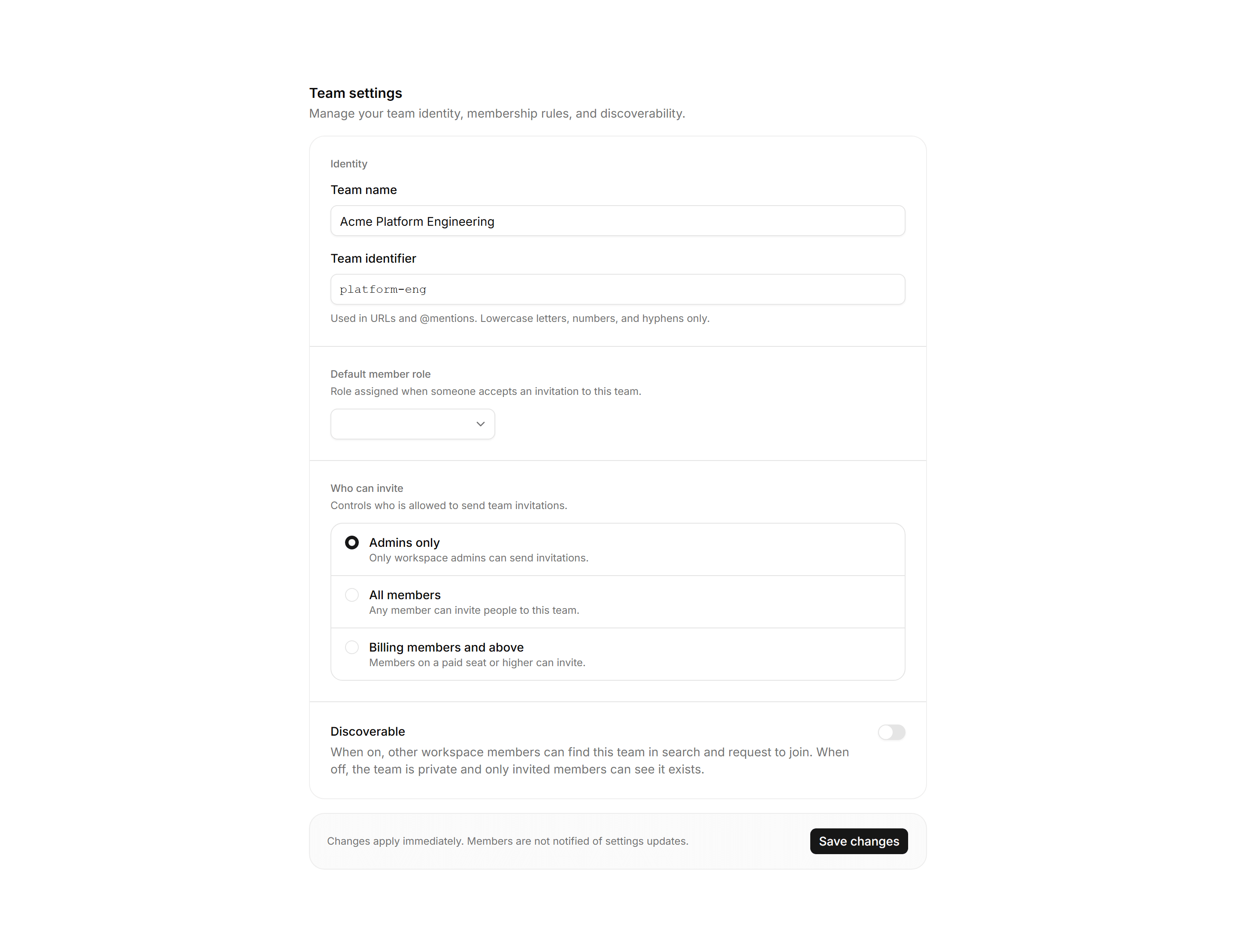 Application Setting: Team Settings
