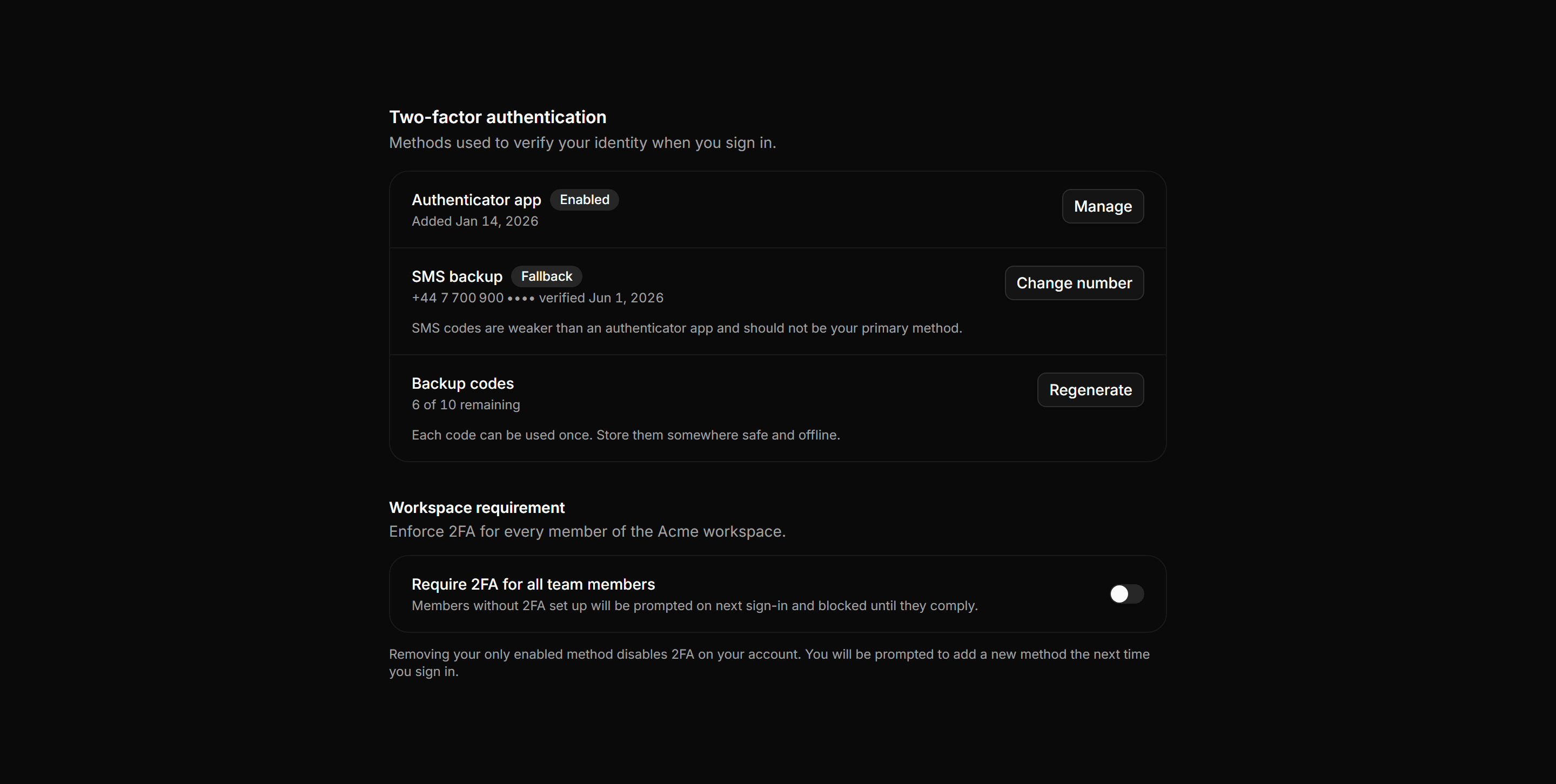 Application Setting: Two Factor Settings