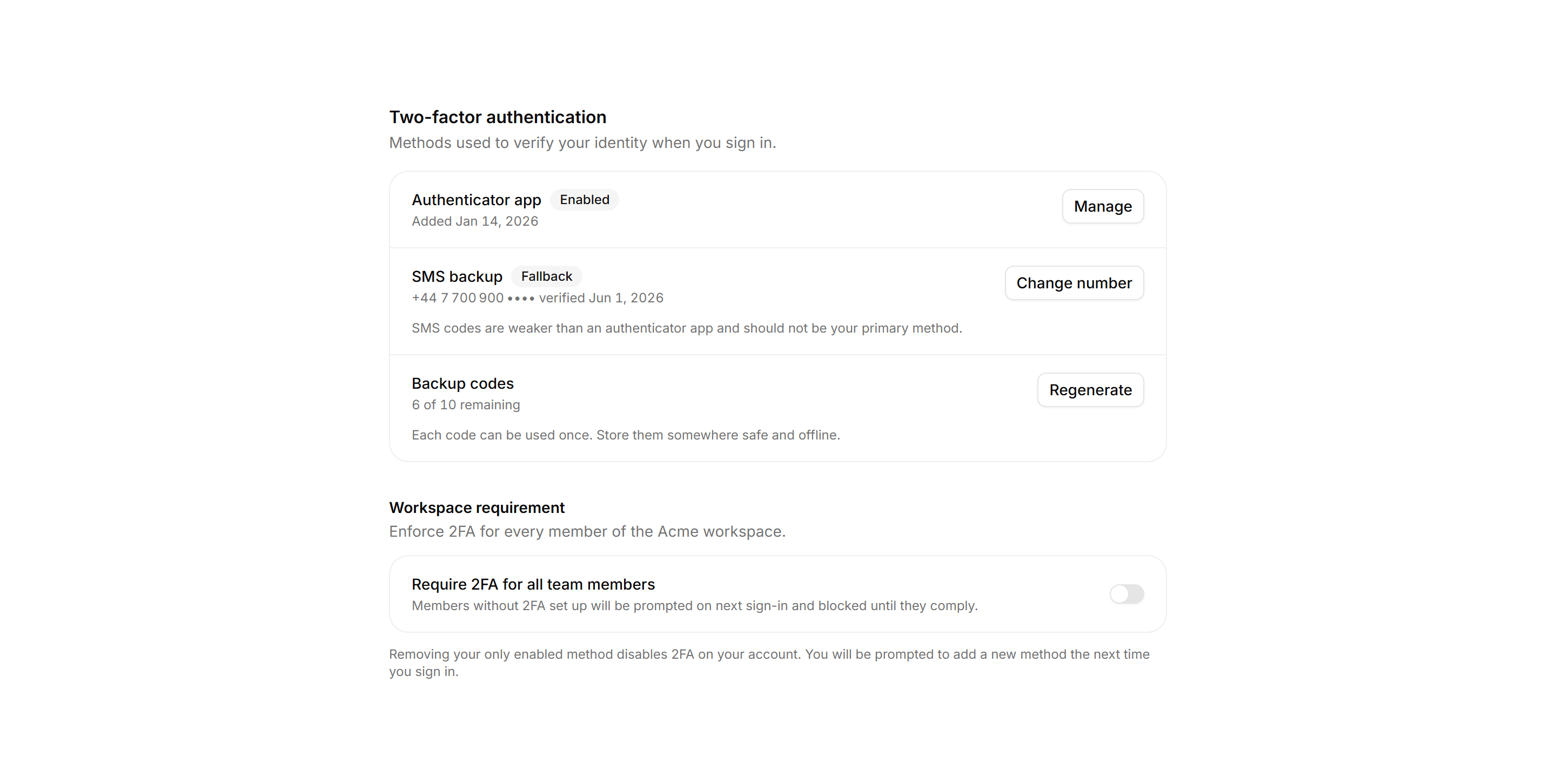 Application Setting: Two Factor Settings