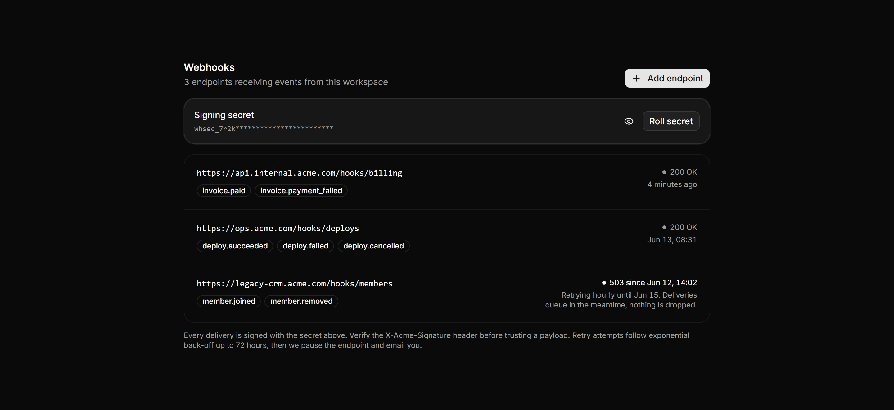 Application Setting: Webhooks Settings