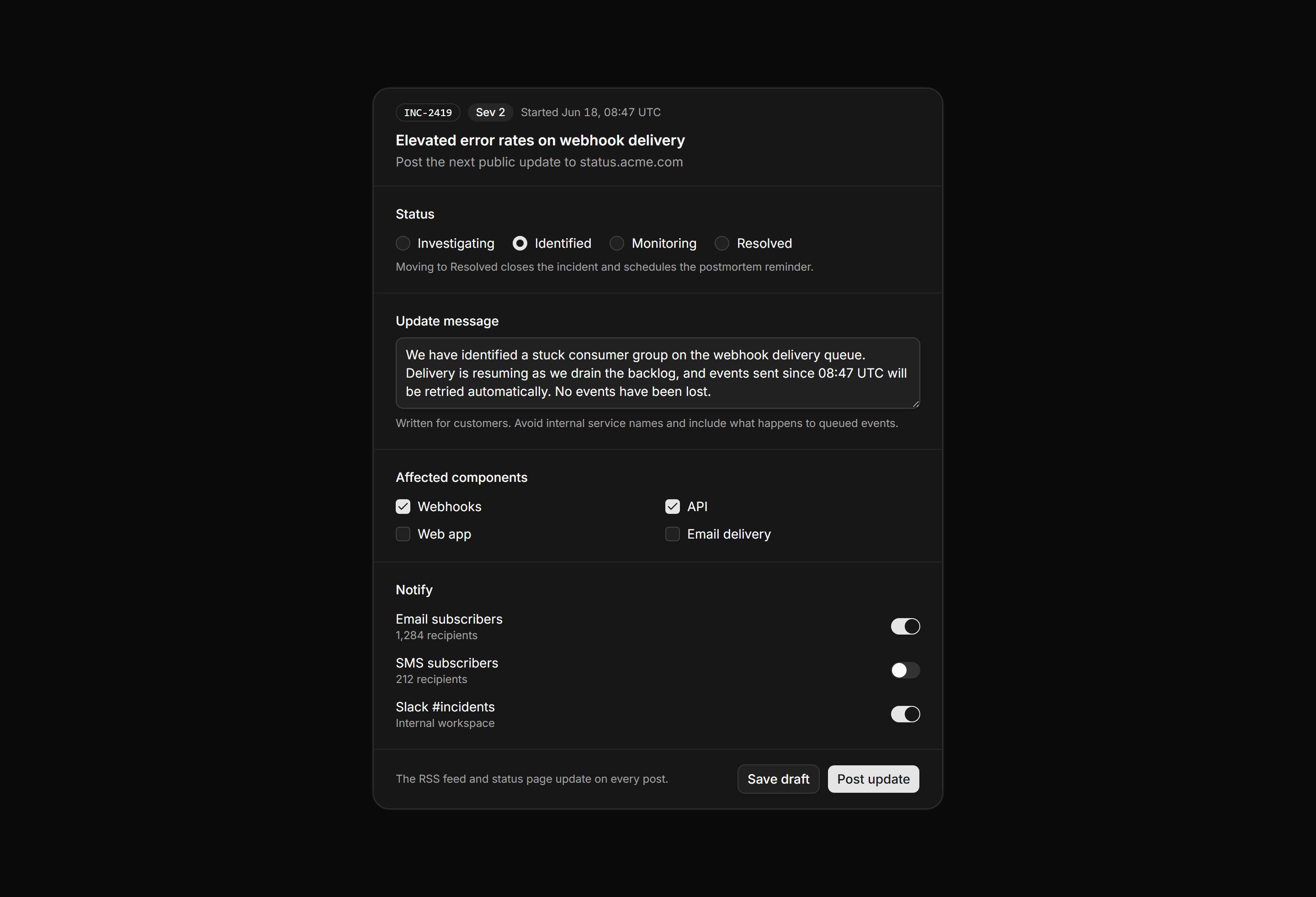 Application Status and Health: Incident Update Composer