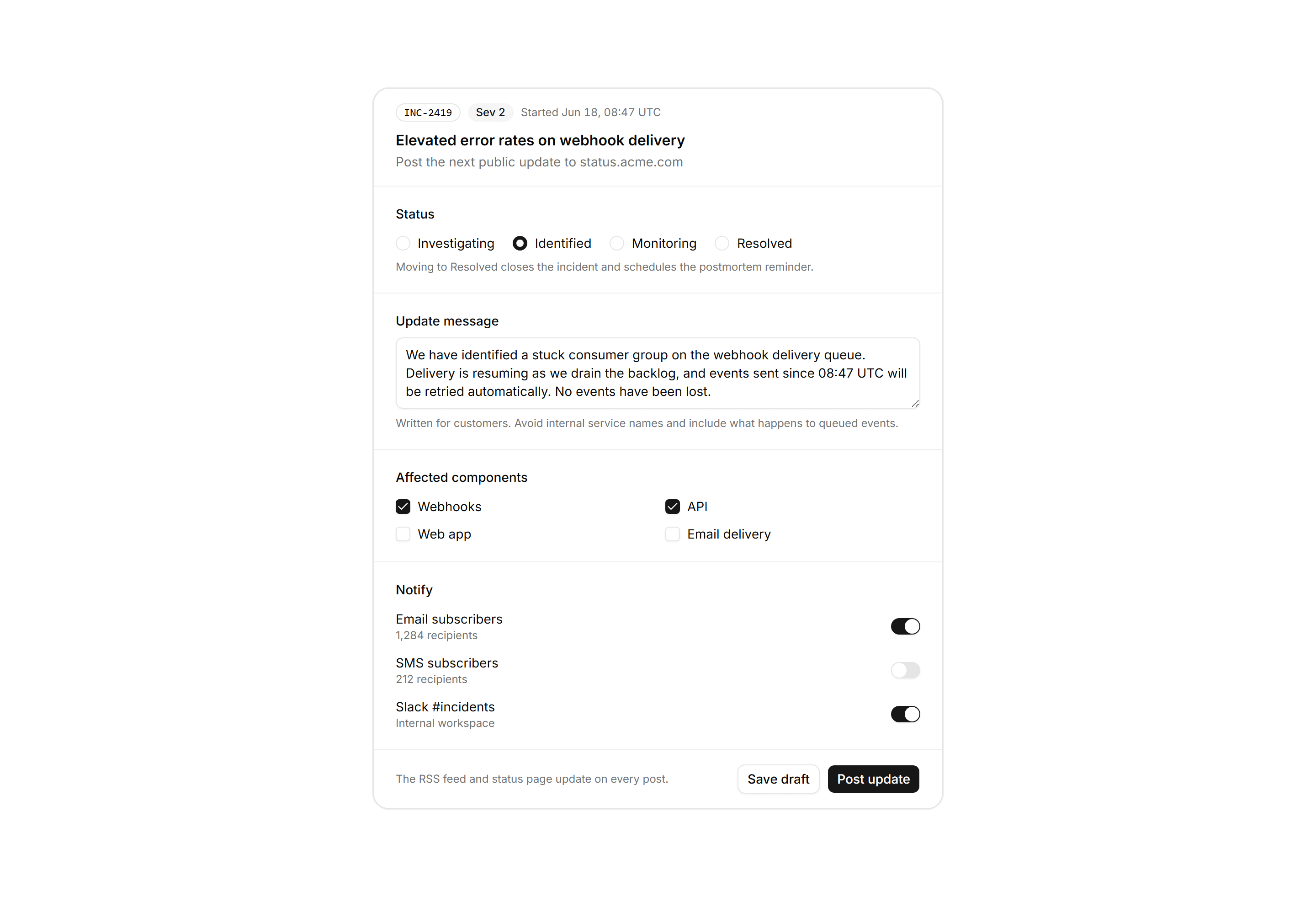 Application Status and Health: Incident Update Composer