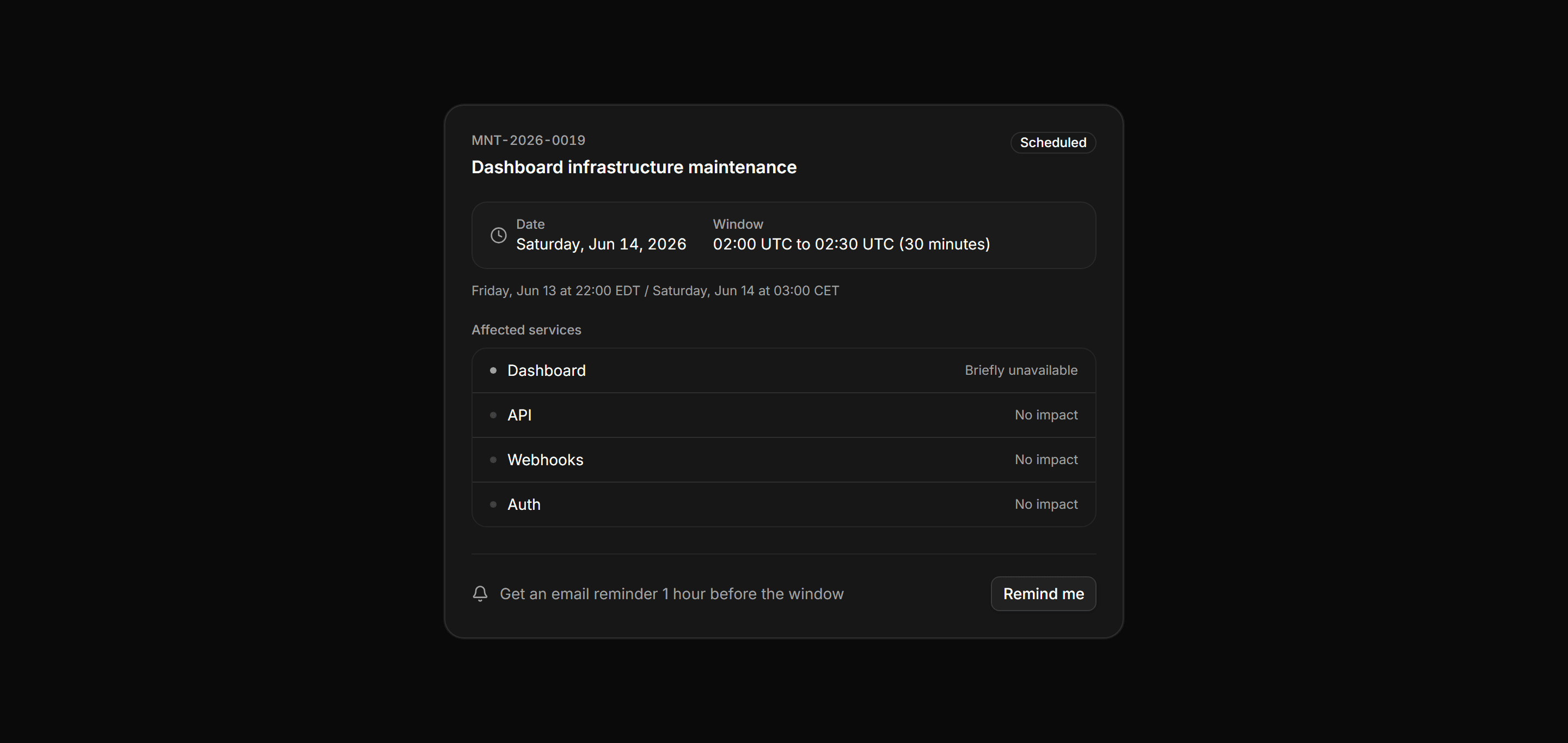 Application Status and Health: Maintenance Window Card