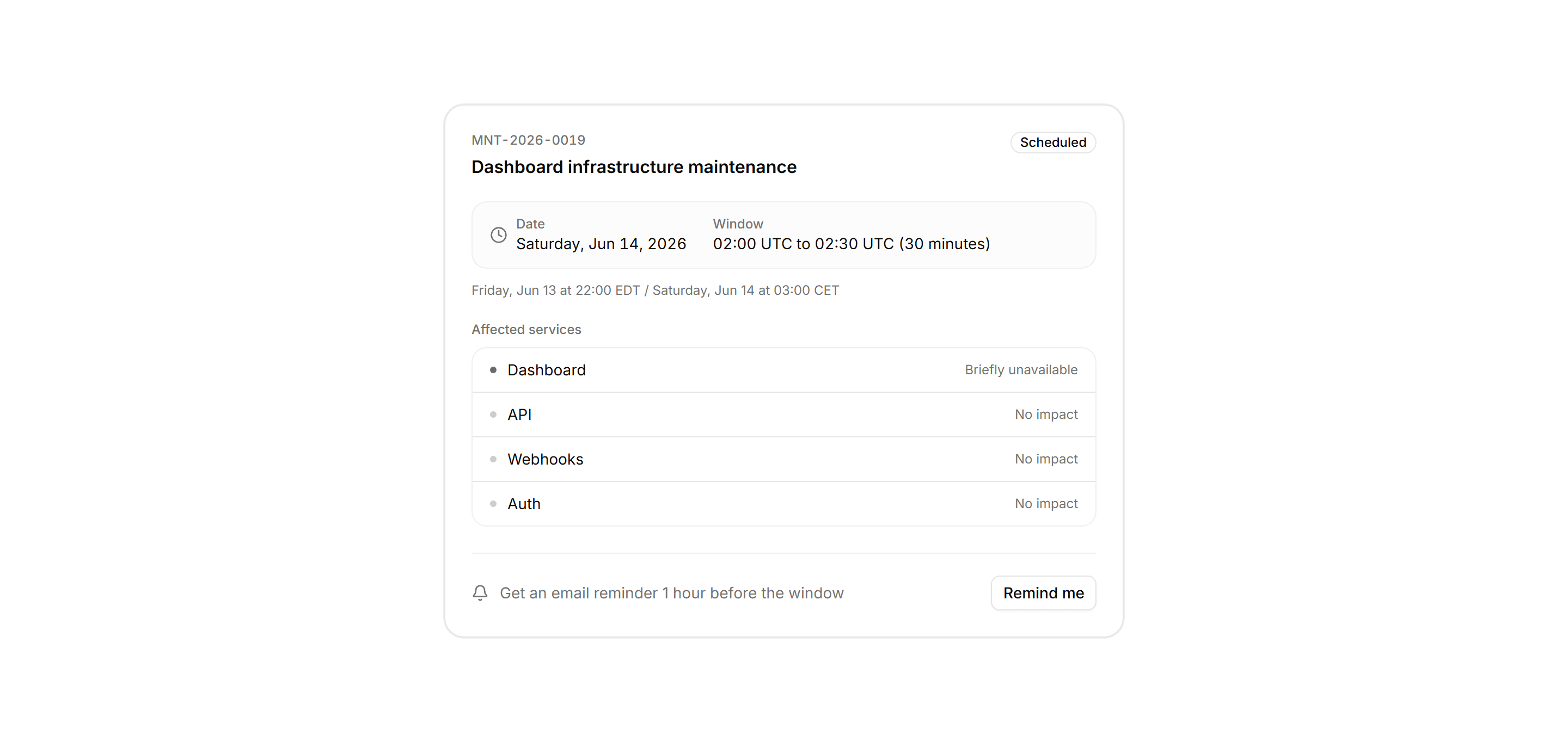 Application Status and Health: Maintenance Window Card