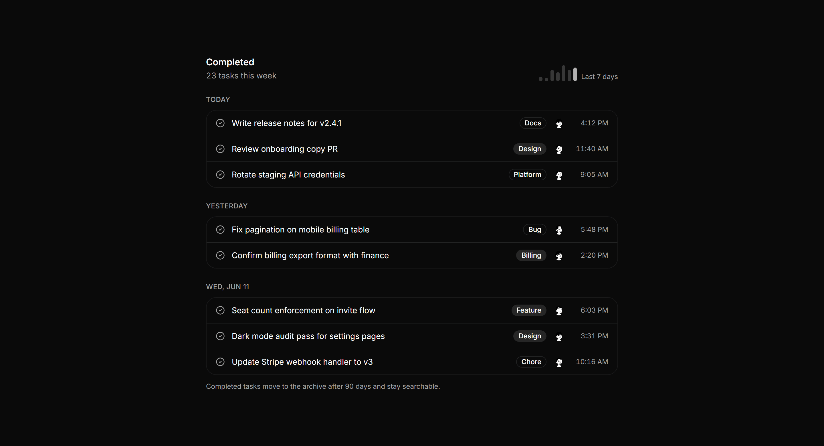 Application Tasks and Todo: Completed Log