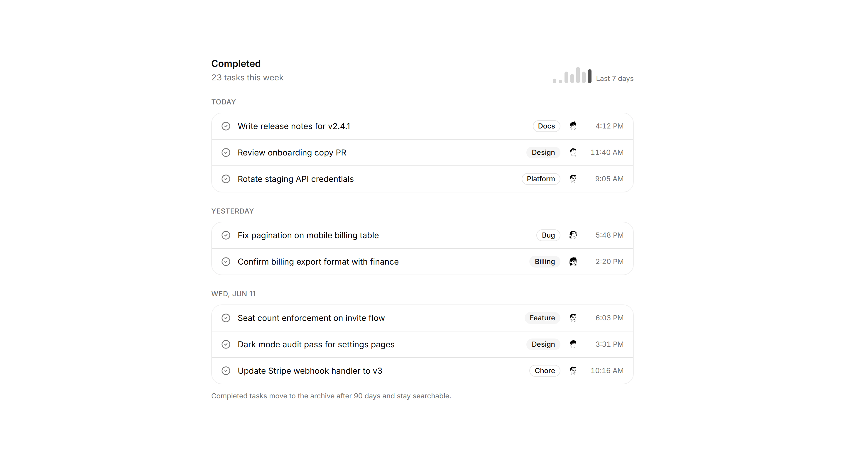Application Tasks and Todo: Completed Log