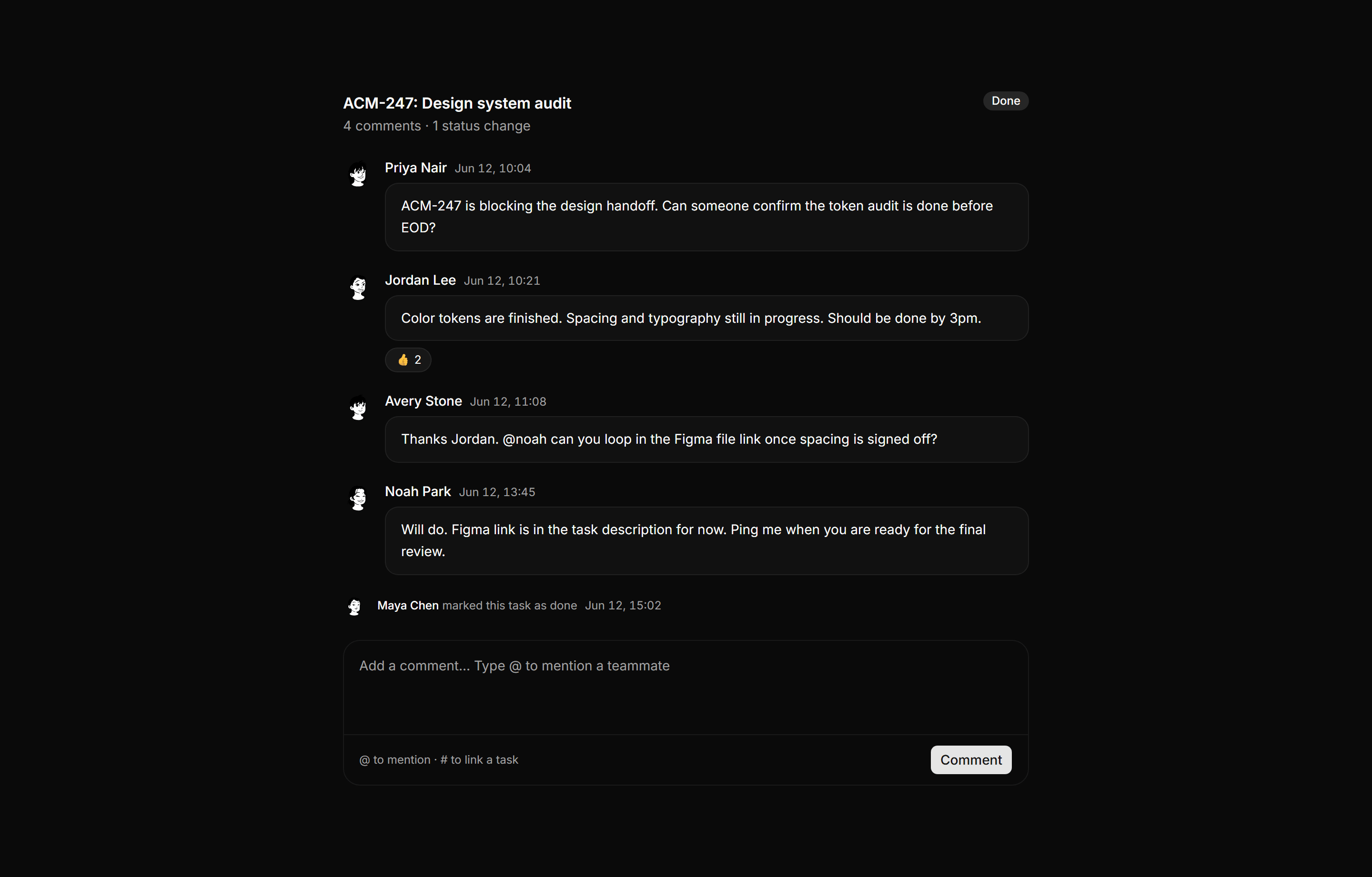 Application Tasks and Todo: Task Comments Panel