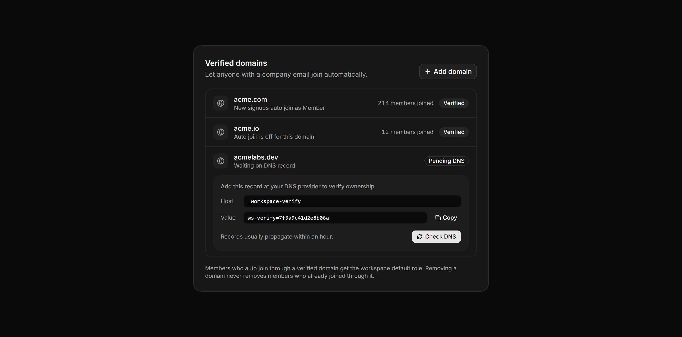 Application Teams and Org: Domain Verification Card