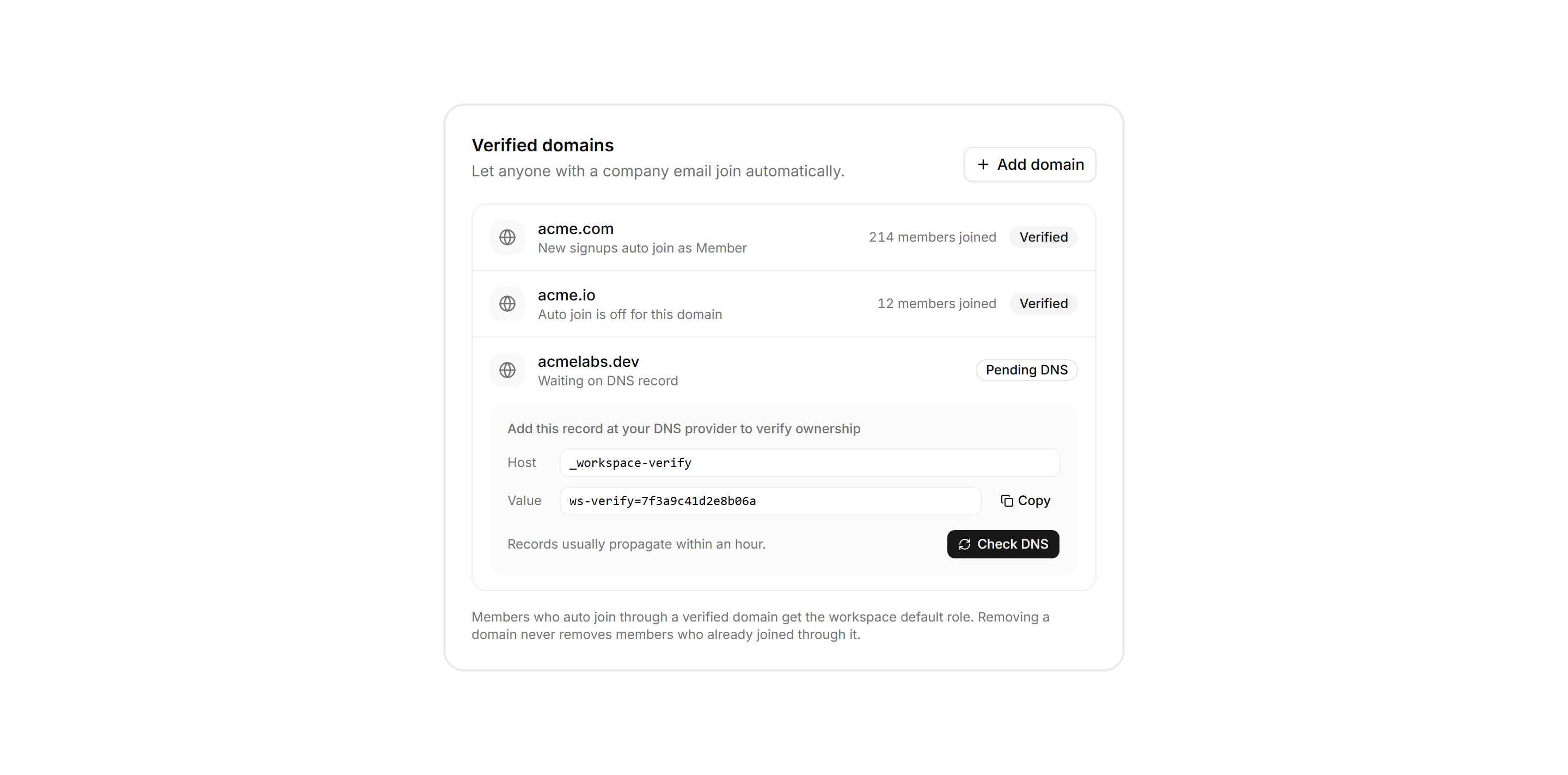 Application Teams and Org: Domain Verification Card