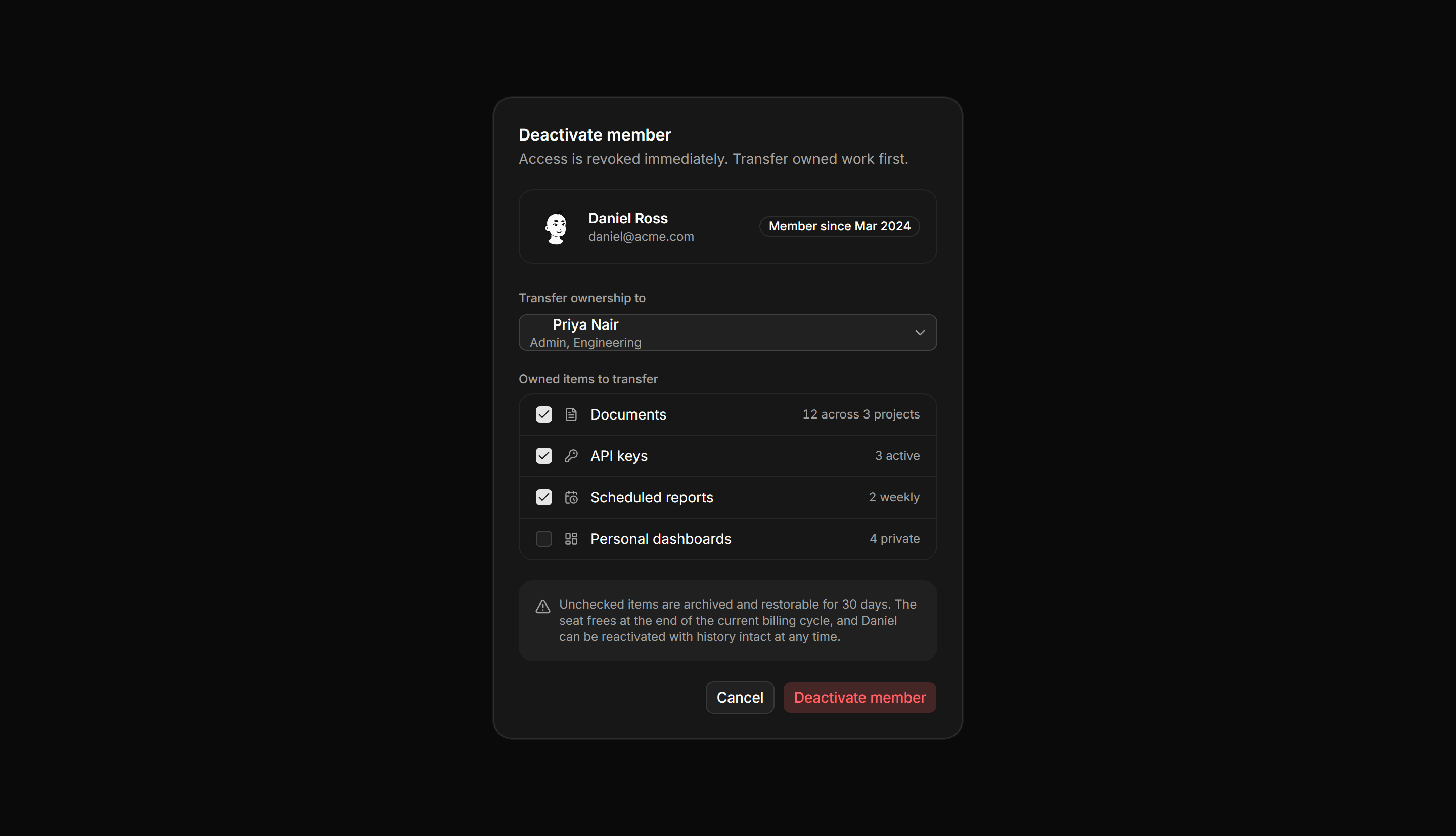 Application Teams and Org: Member Offboarding Panel