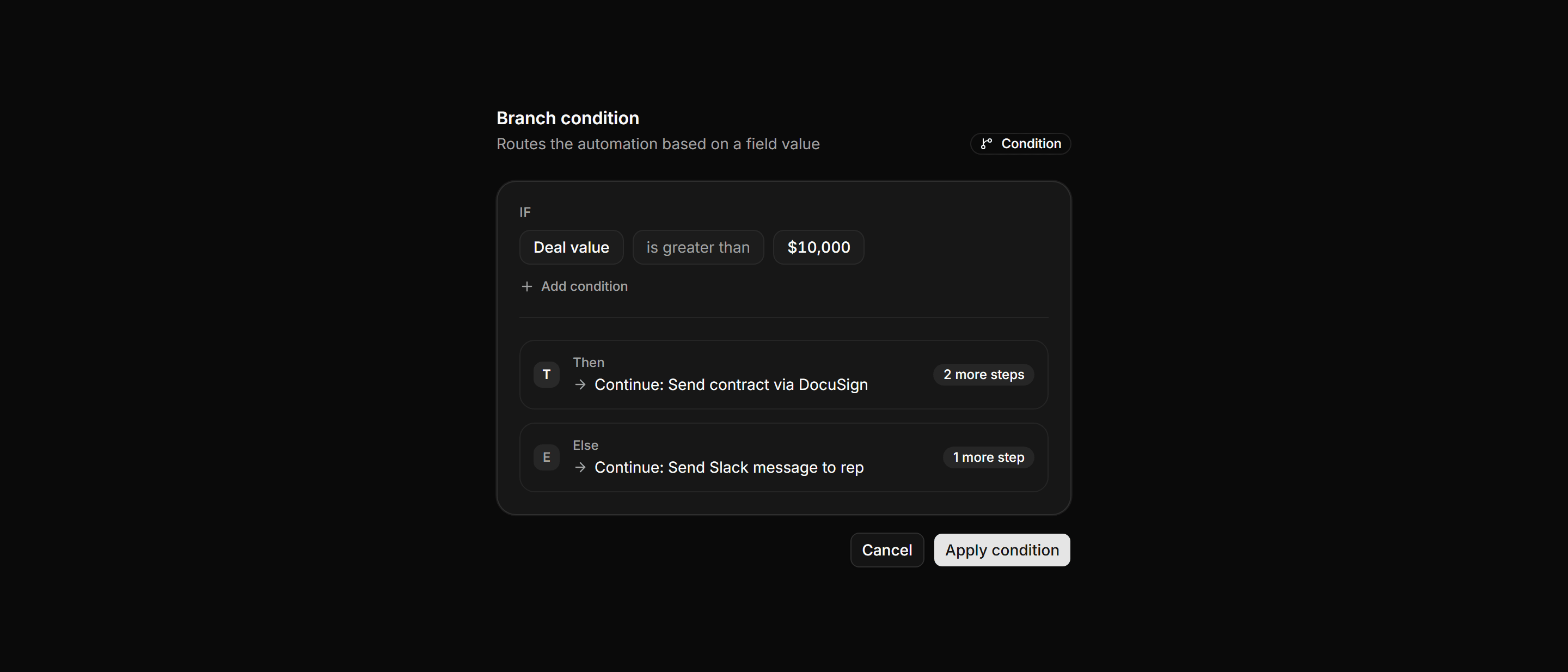 Application Workflow and Automation: Condition Branch Card