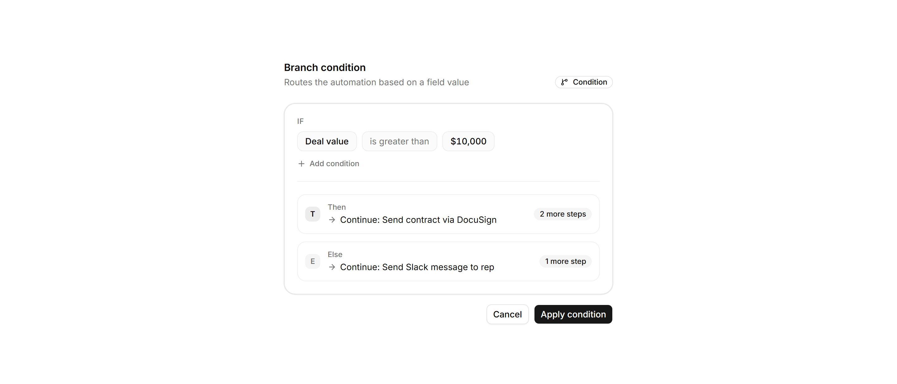 Application Workflow and Automation: Condition Branch Card