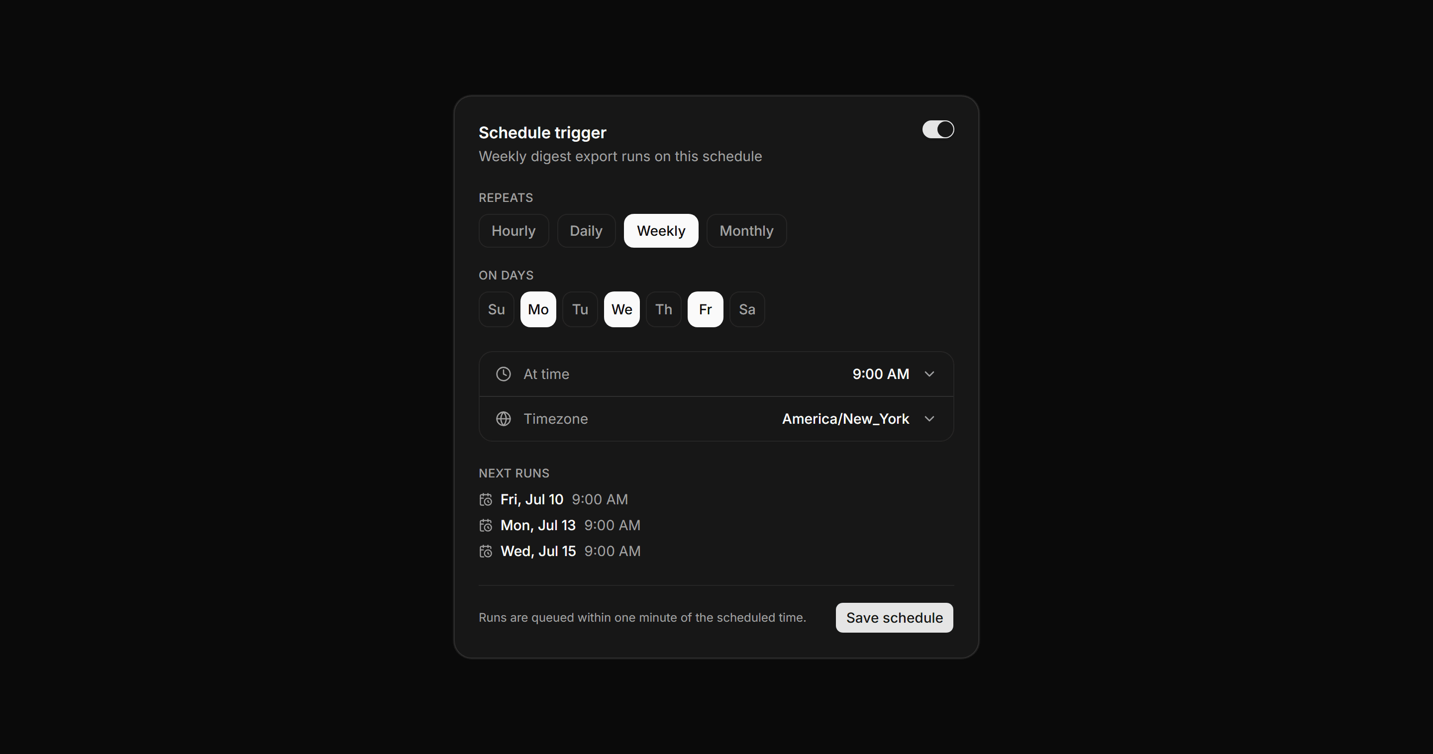 Application Workflow and Automation: Schedule Trigger Panel