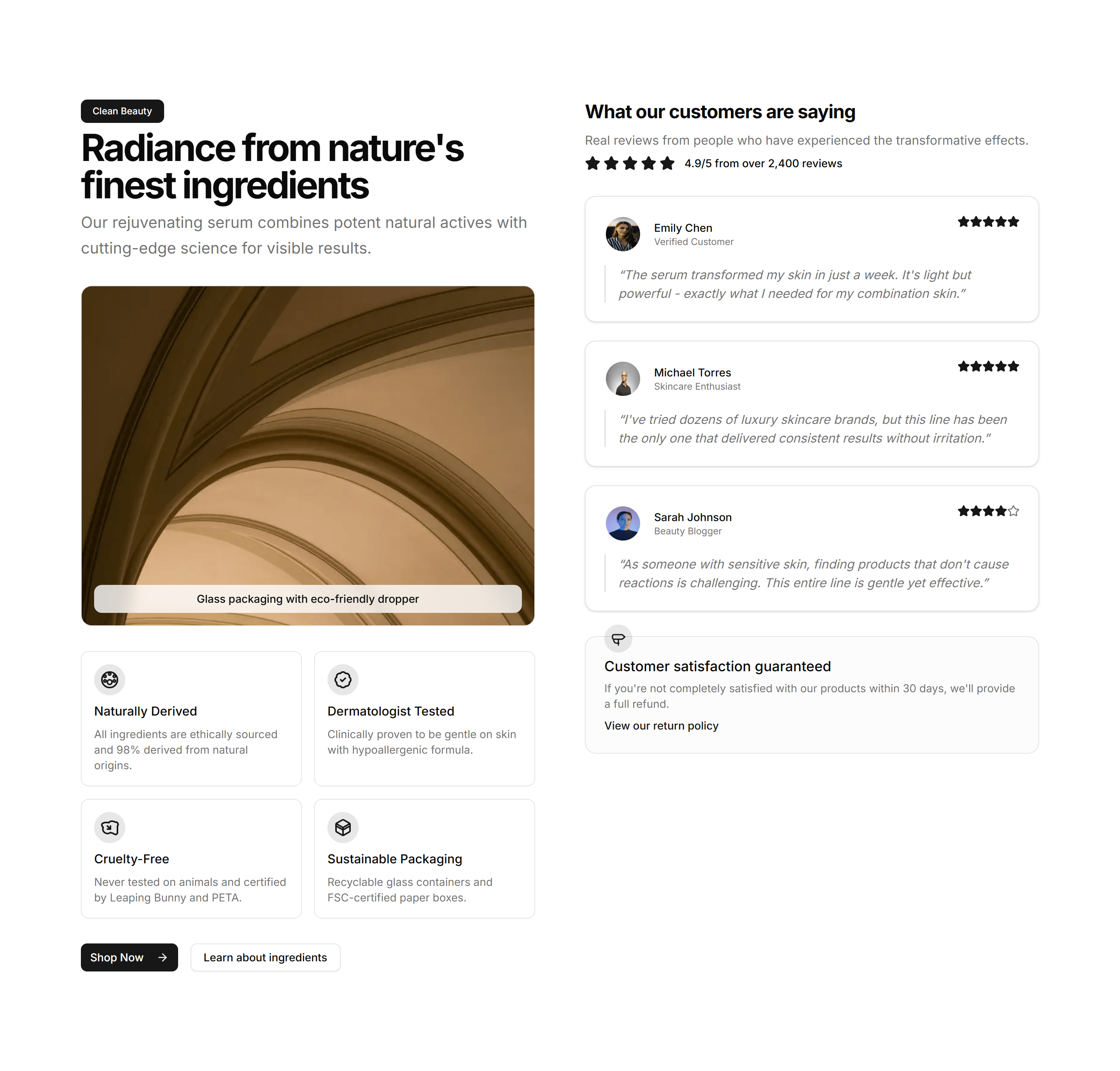 Ecommerce Product Feature: Features Testimonial Combo