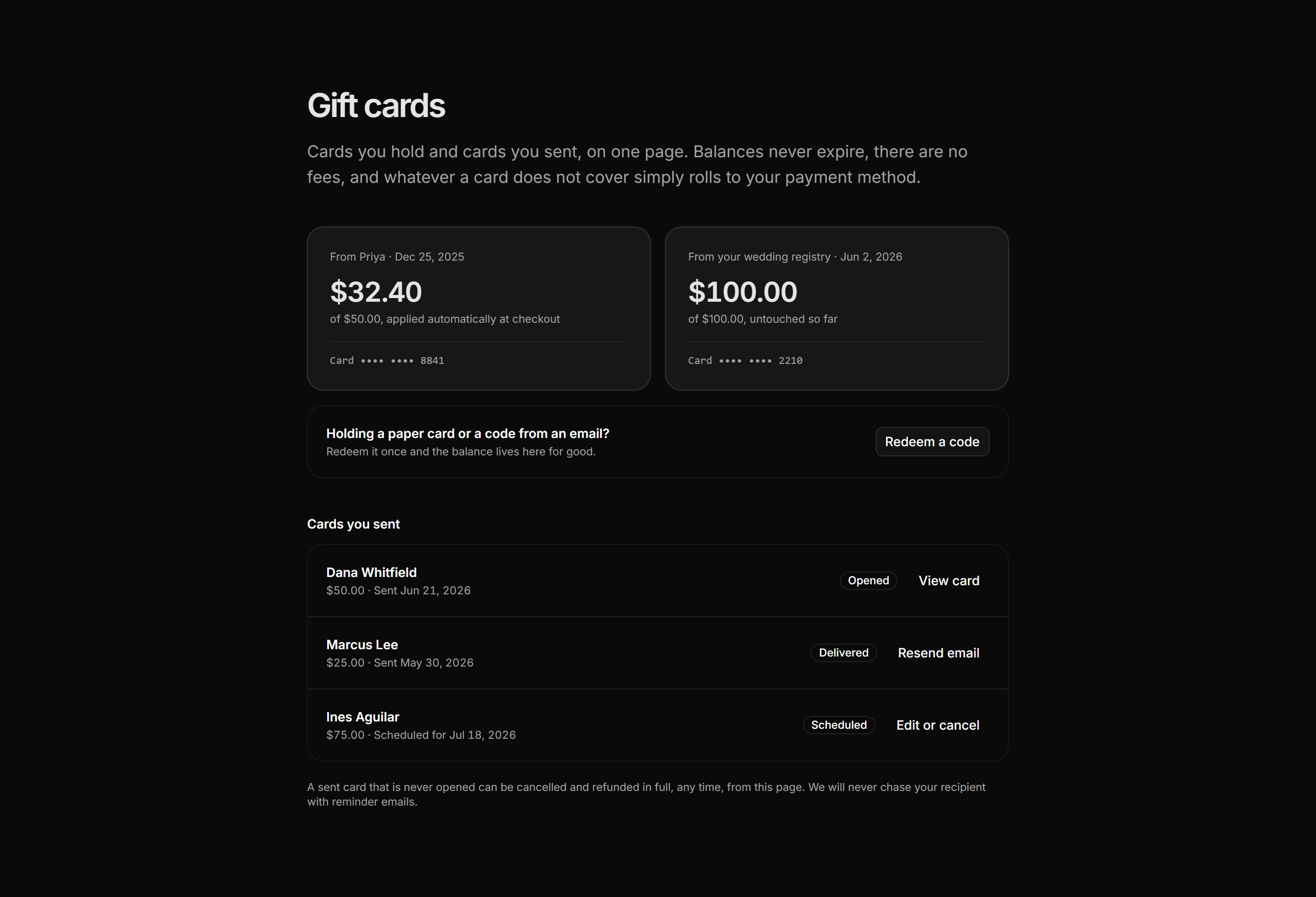 Ecommerce Account: Gift Cards Panel