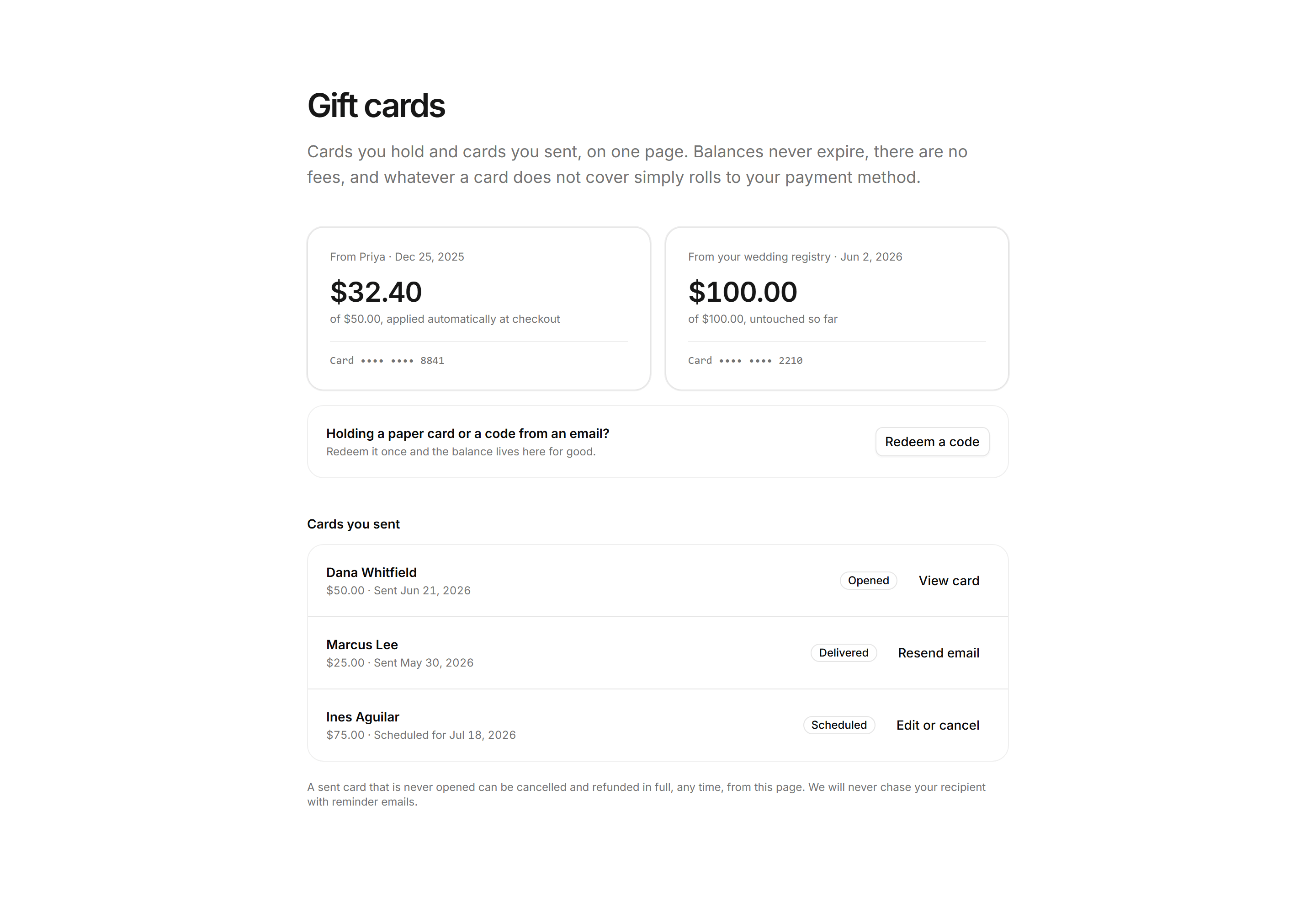 Ecommerce Account: Gift Cards Panel