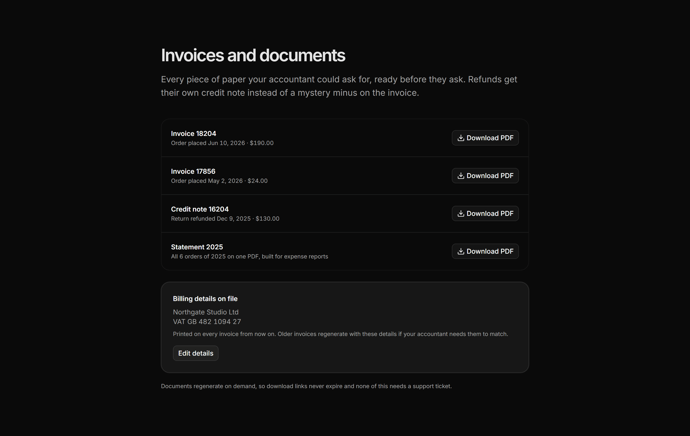 Ecommerce Account: Invoices and Documents Panel