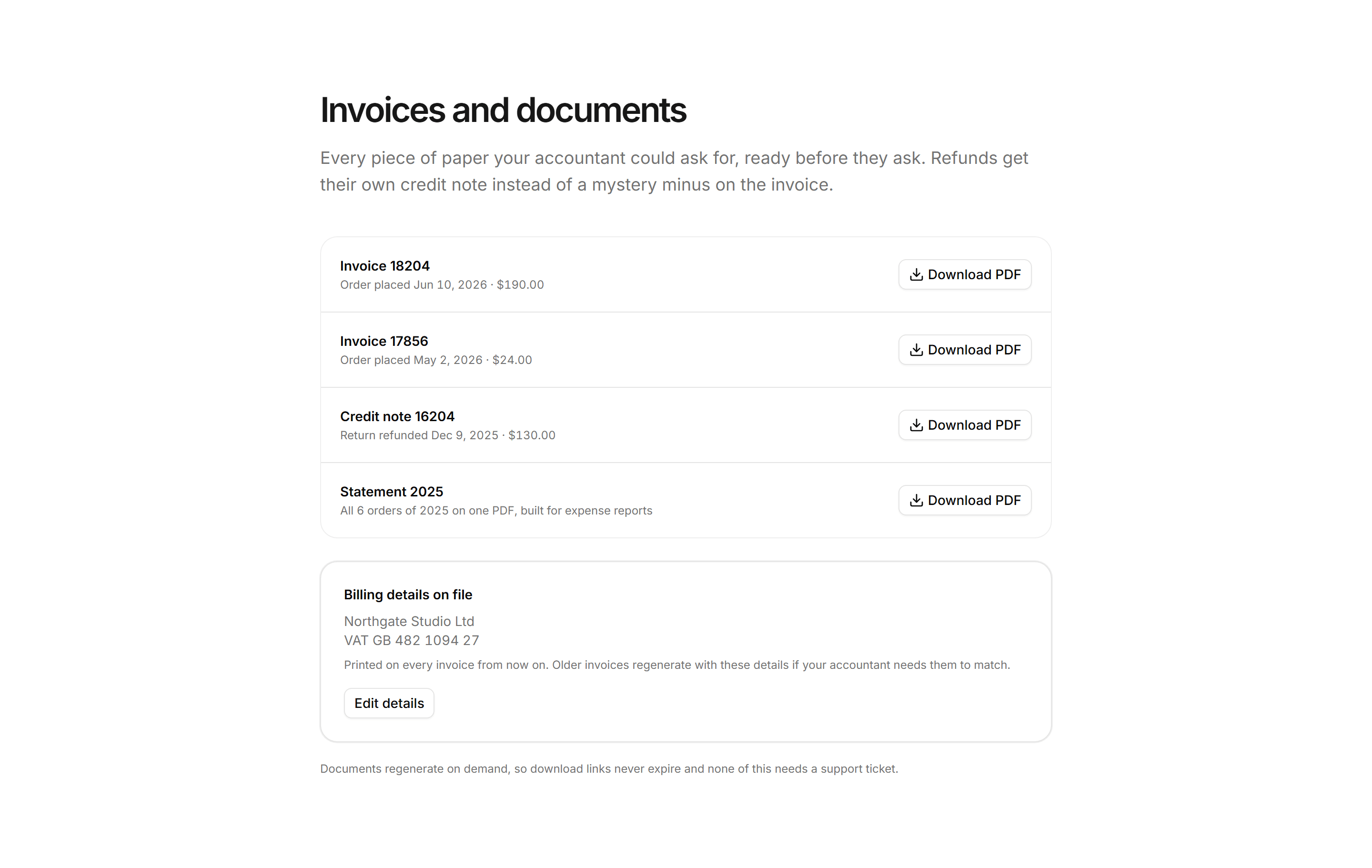 Ecommerce Account: Invoices and Documents Panel