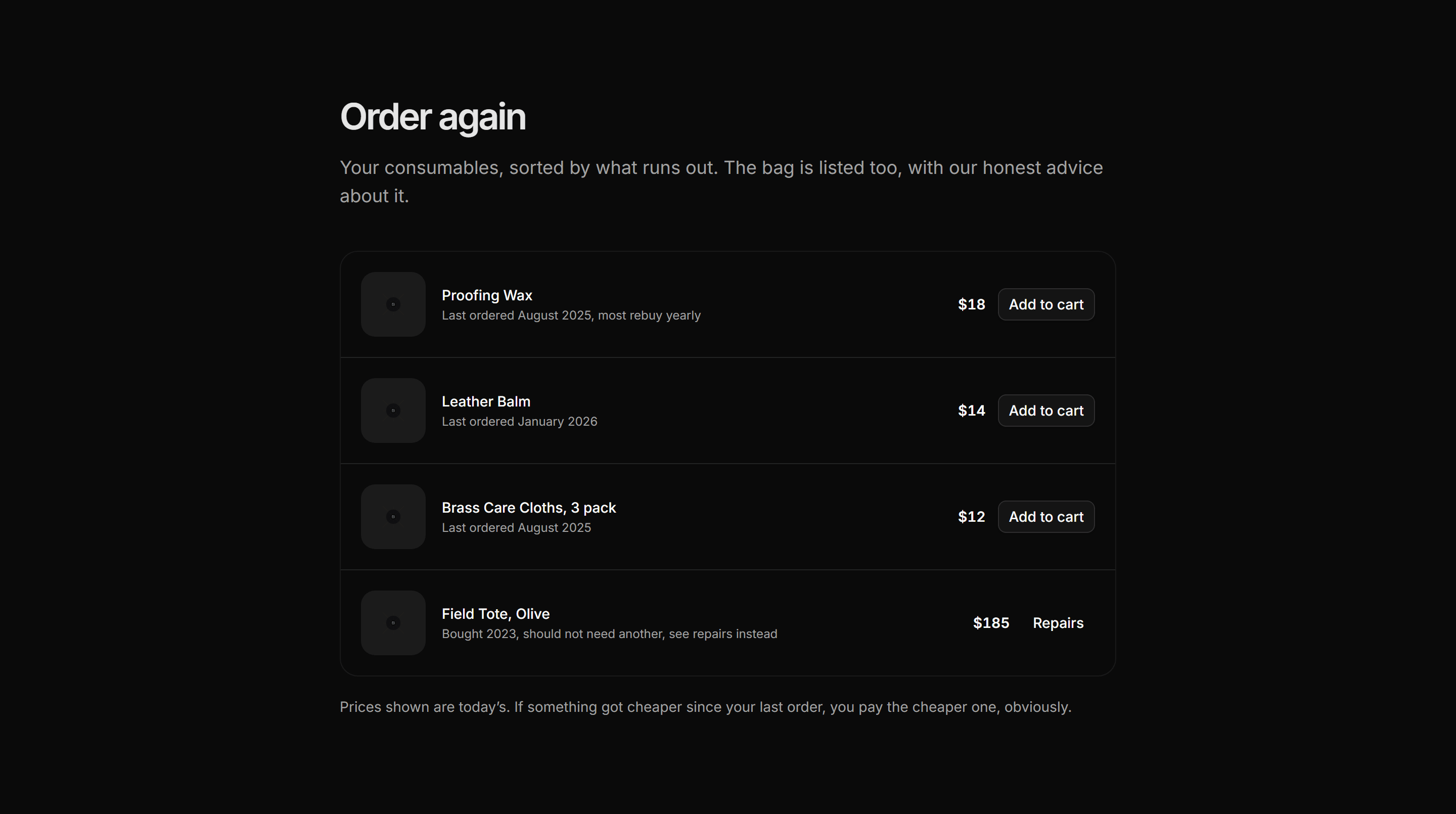 Ecommerce Account: Order Again Grid