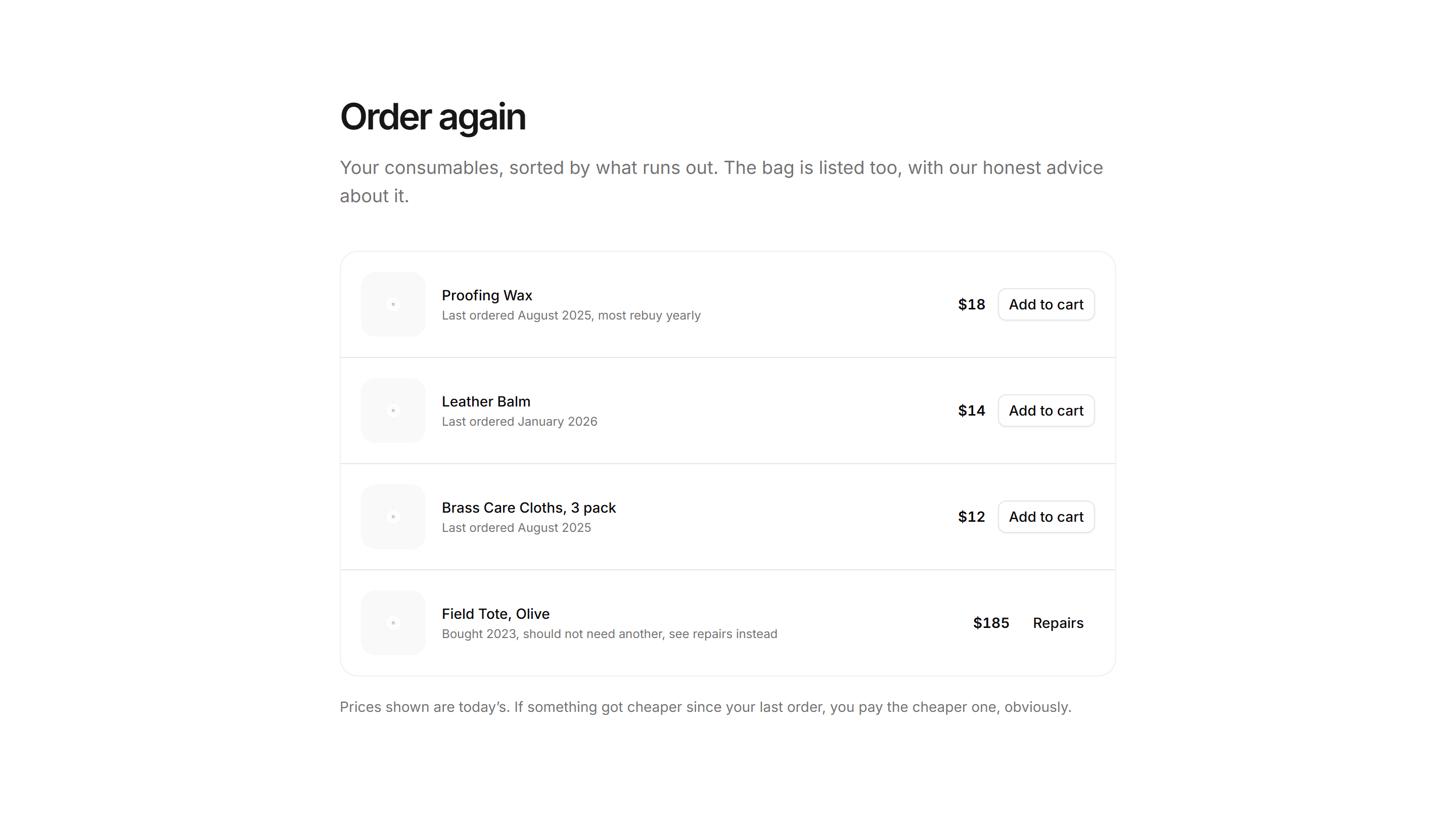 Ecommerce Account: Order Again Grid