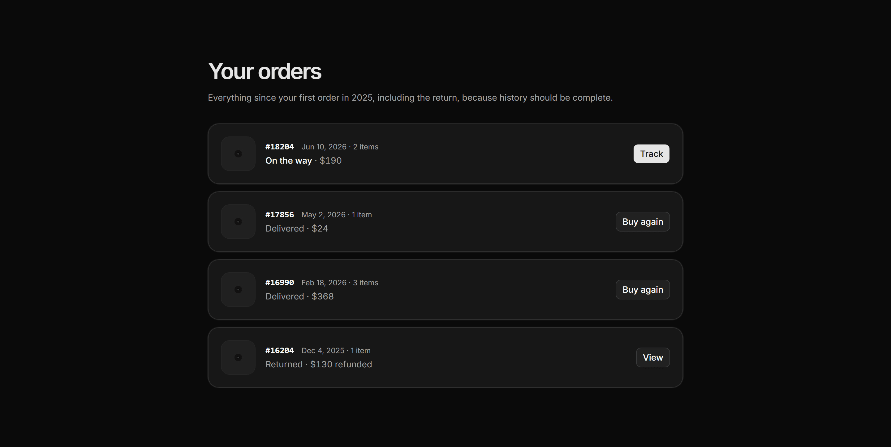 Ecommerce Account: Order History List