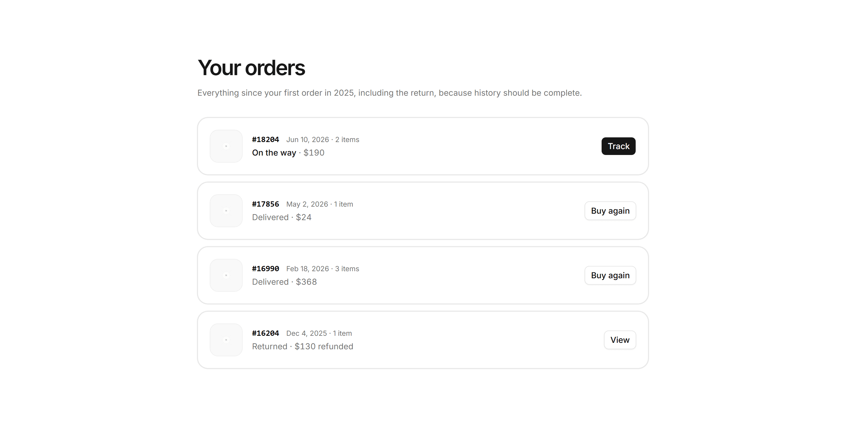 Ecommerce Account: Order History List