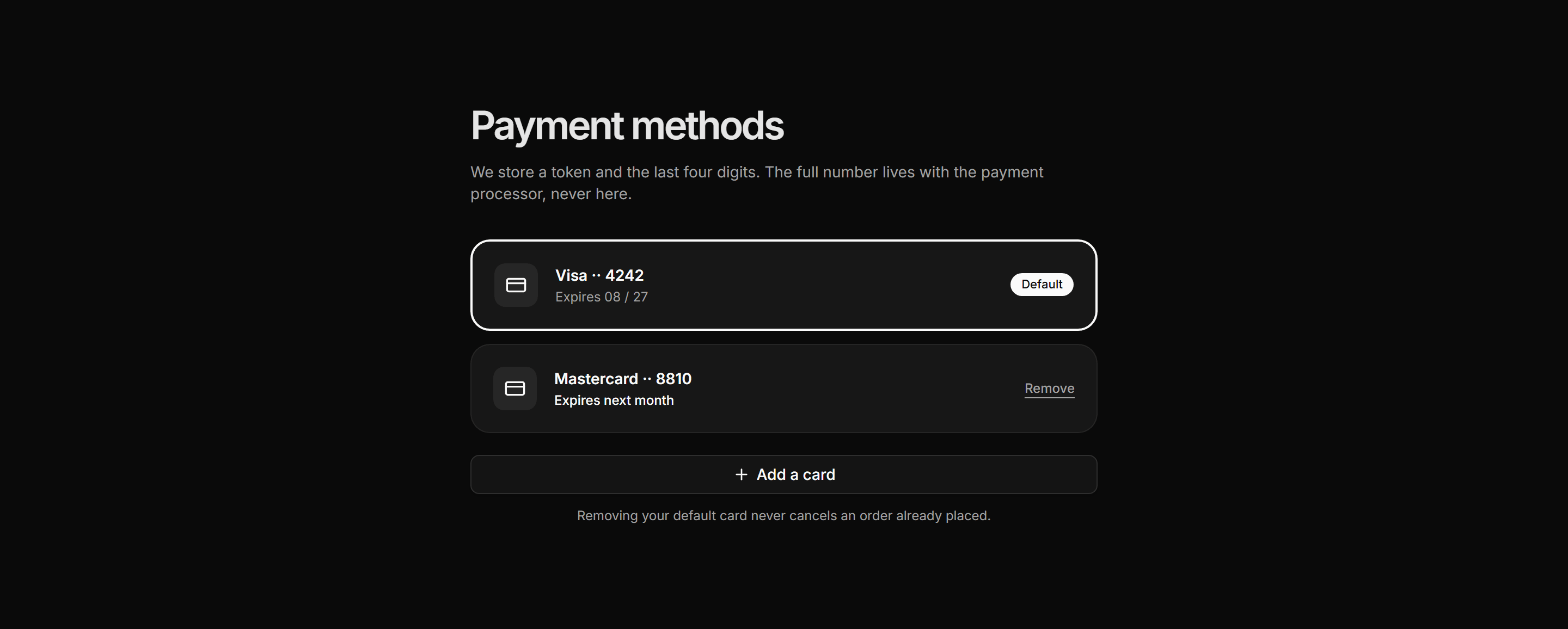 Ecommerce Account: Payment Methods List