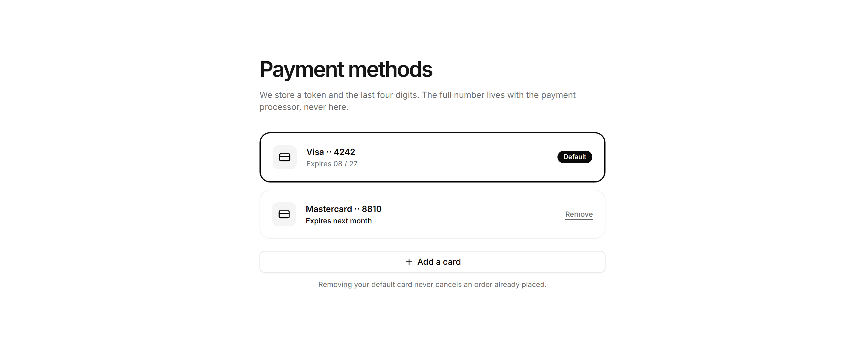 Ecommerce Account: Payment Methods List