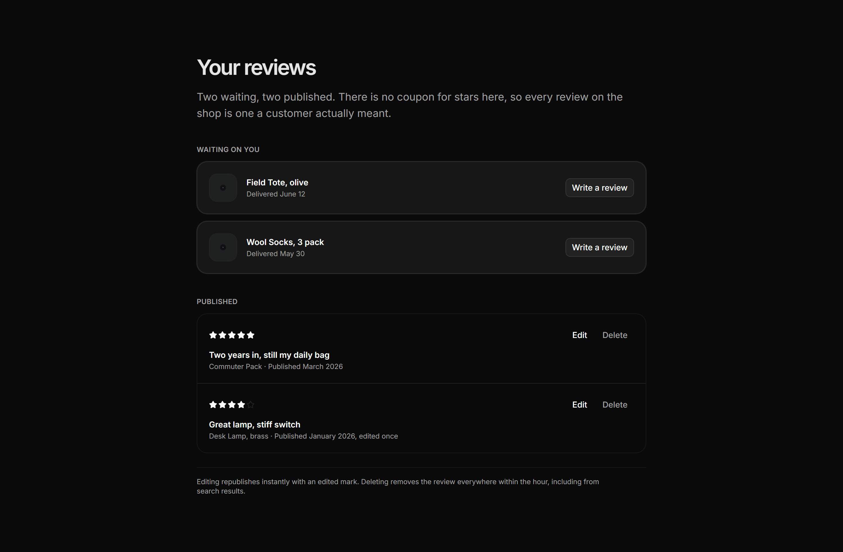 Ecommerce Account: Product Reviews Panel