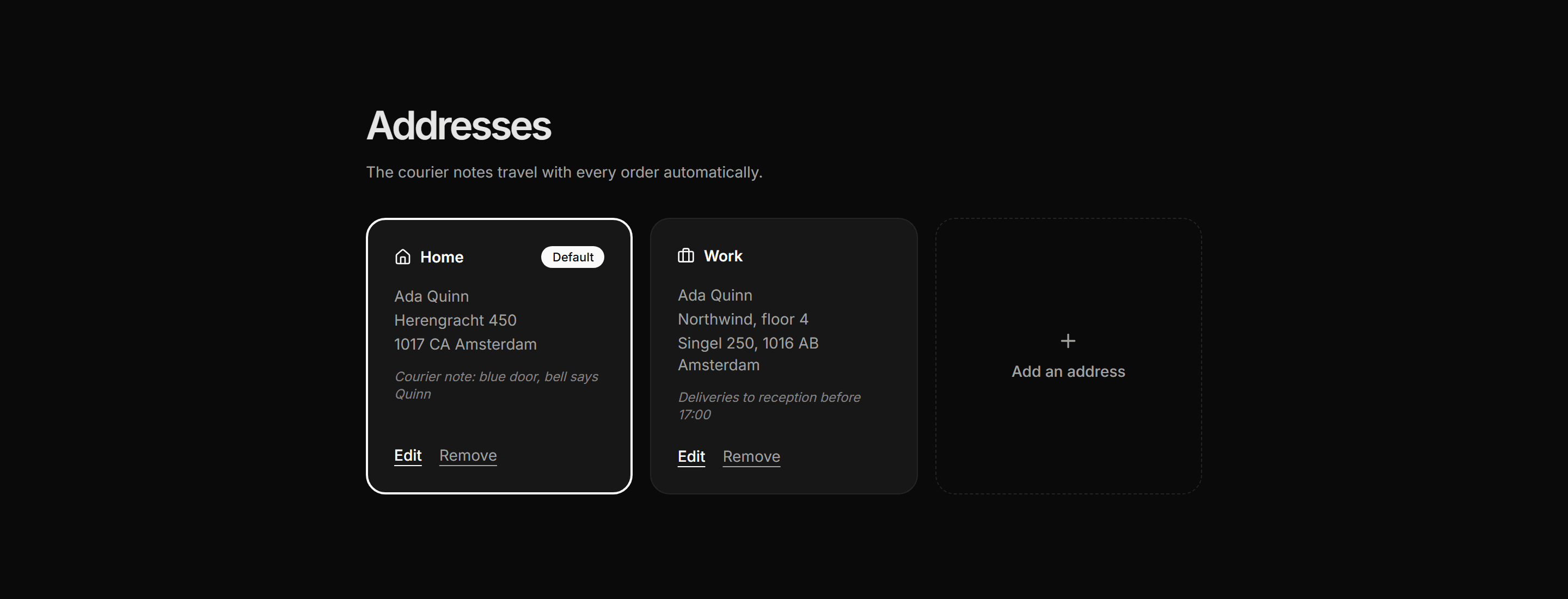 Ecommerce Account: Saved Addresses Cards