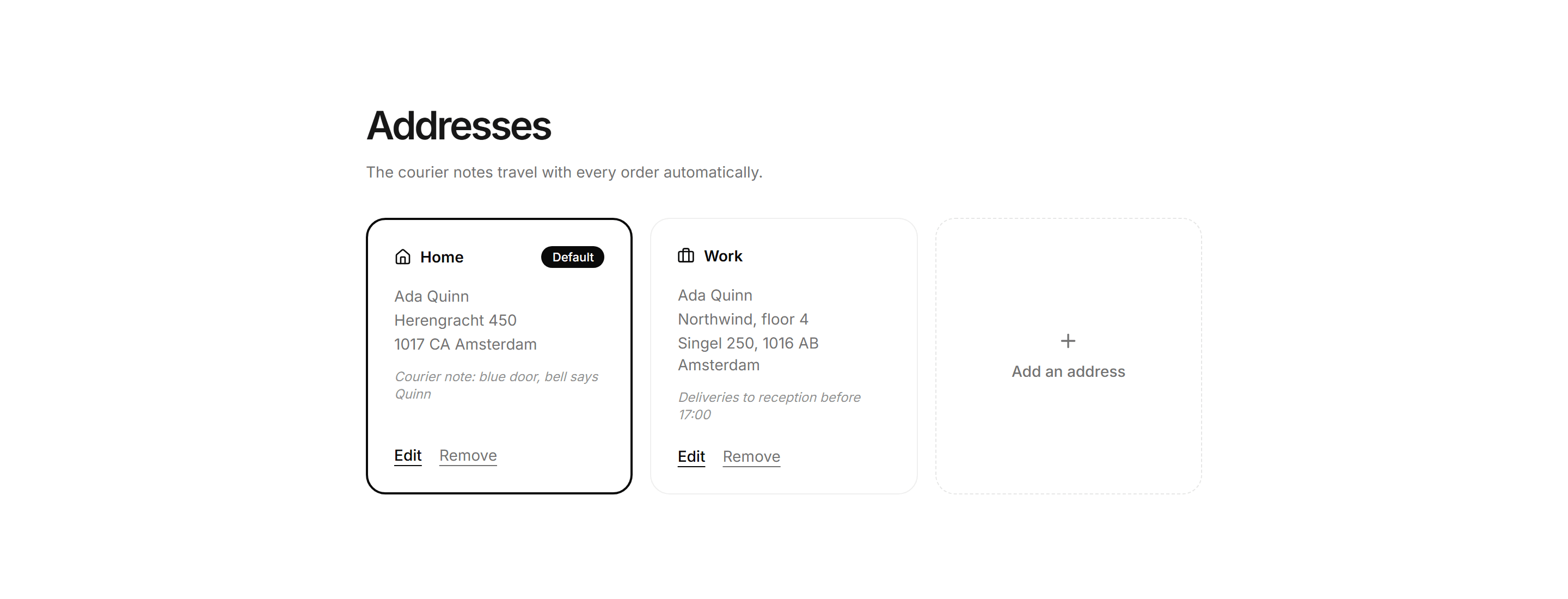 Ecommerce Account: Saved Addresses Cards