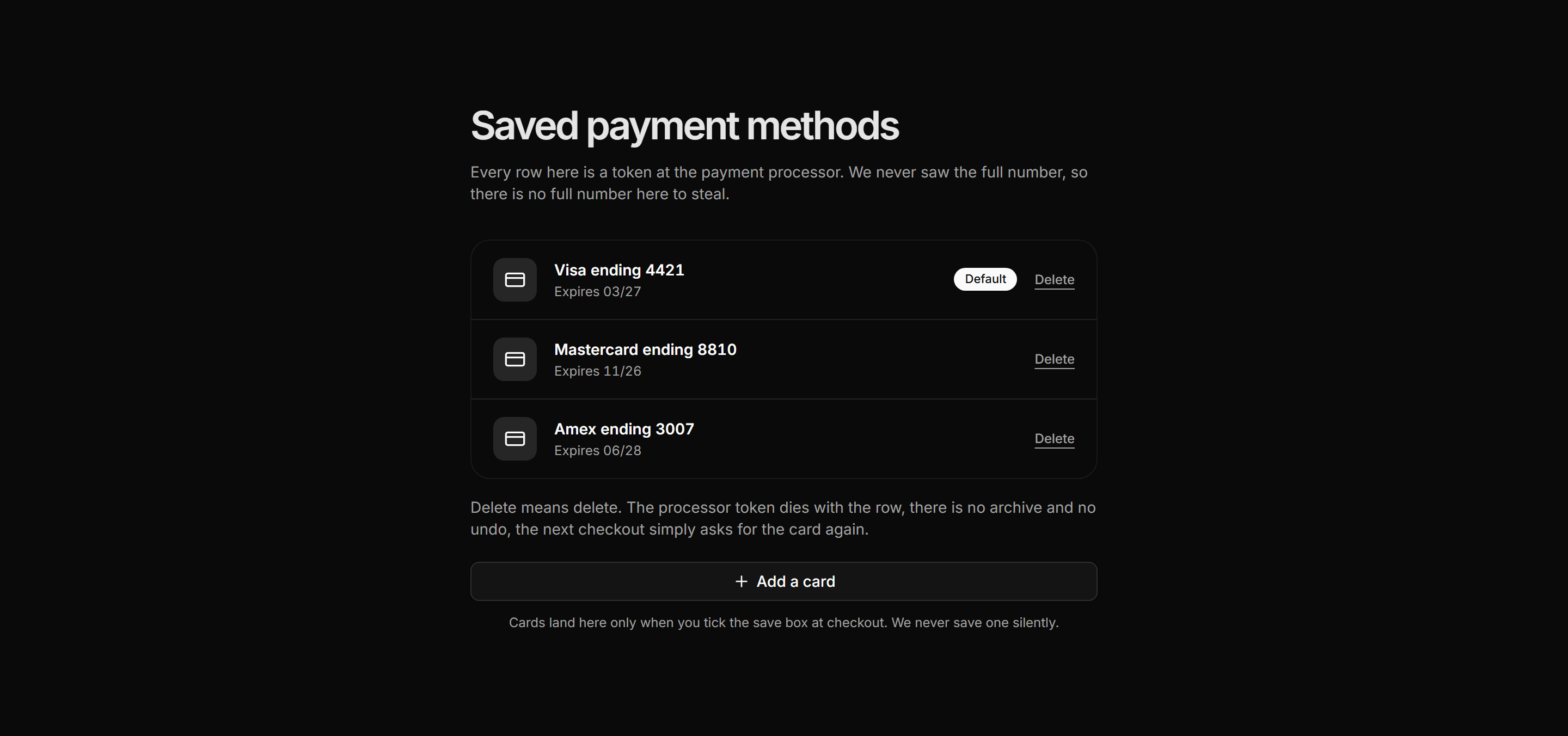 Ecommerce Account: Saved Payment Methods Panel