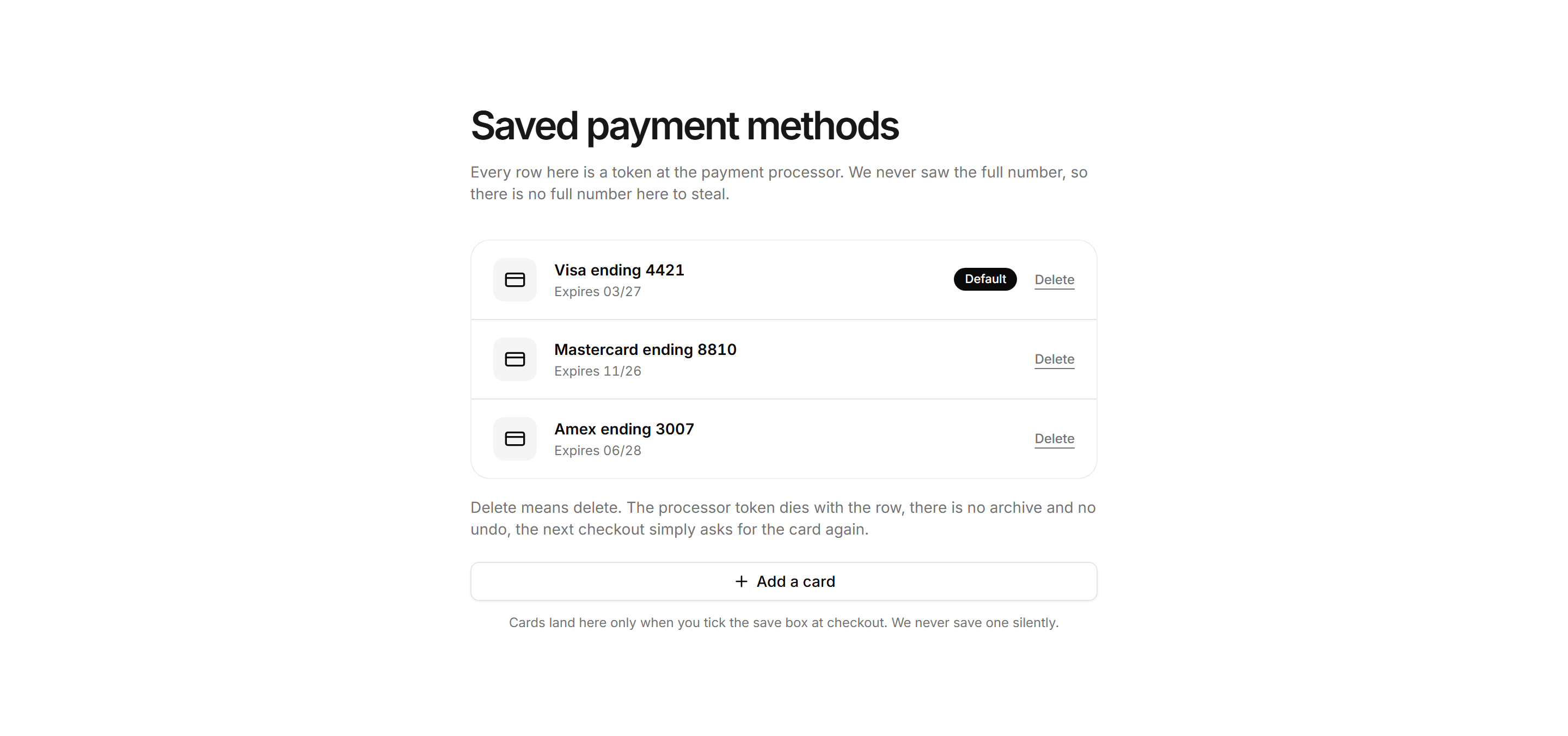 Ecommerce Account: Saved Payment Methods Panel