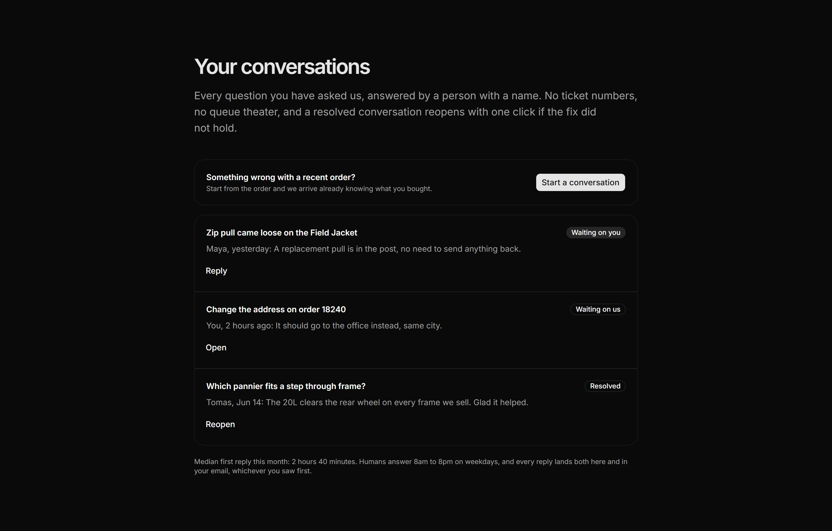 Ecommerce Account: Support Conversations List