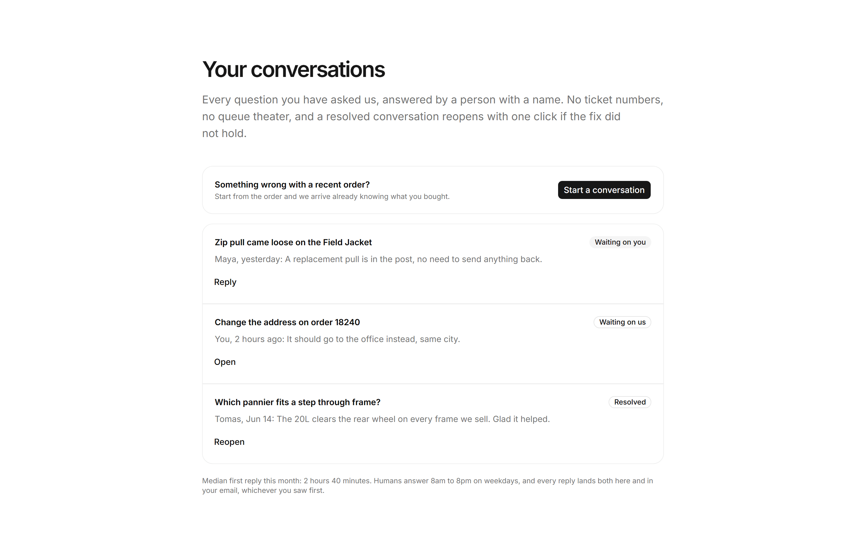Ecommerce Account: Support Conversations List