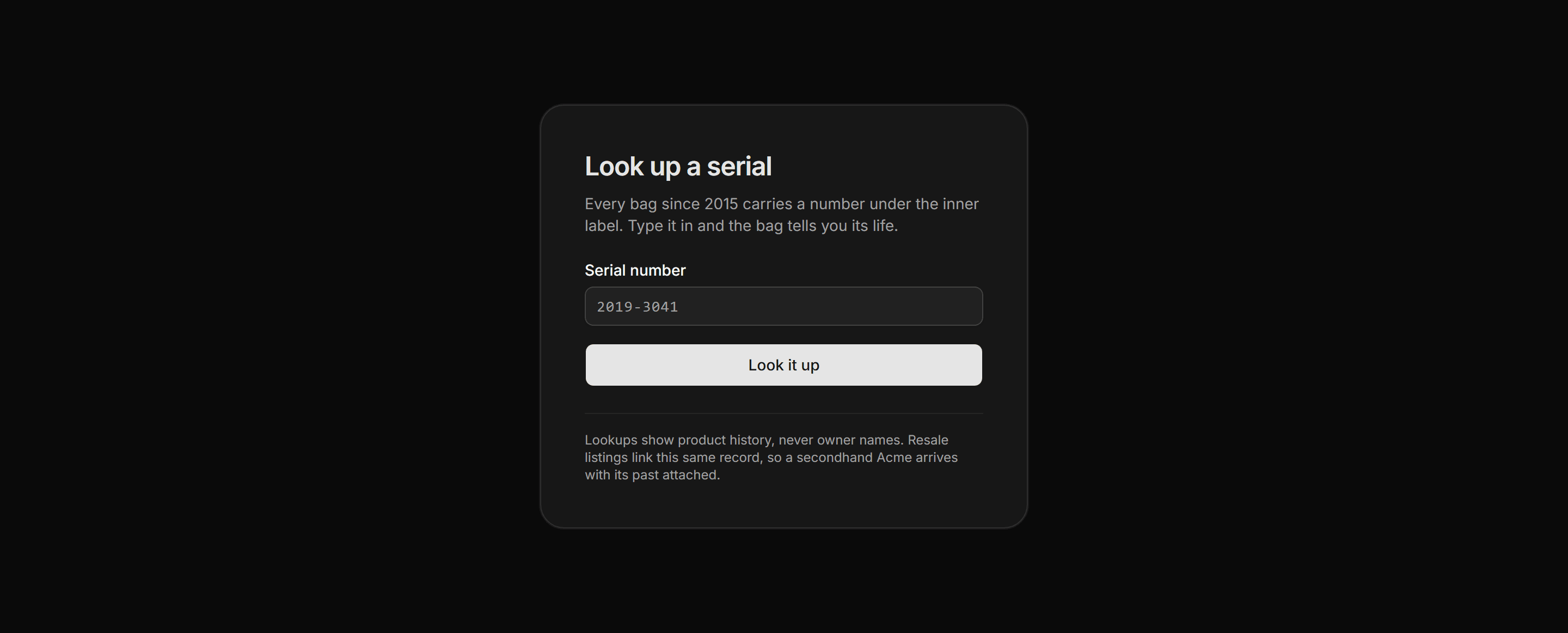 Ecommerce Archive and History: Serial Lookup Card