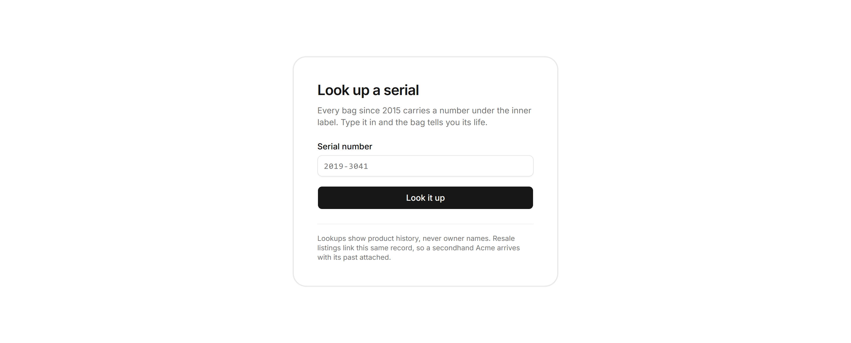 Ecommerce Archive and History: Serial Lookup Card