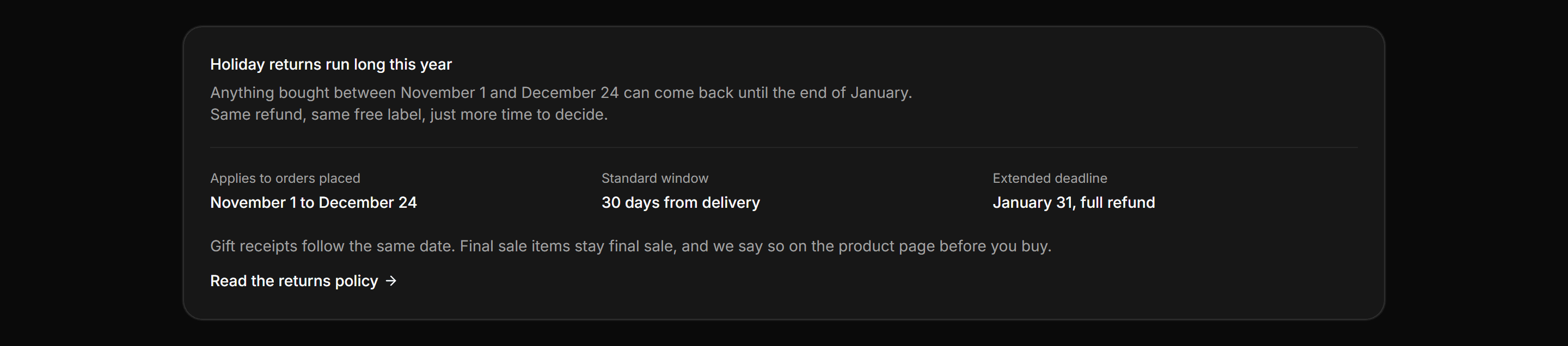 Ecommerce Banners and Alert: Extended Returns Banner