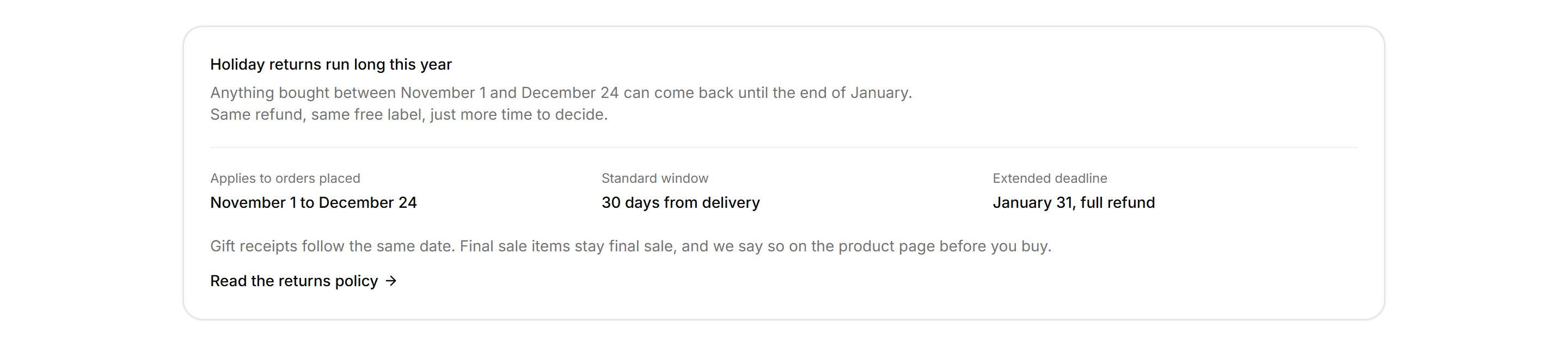 Ecommerce Banners and Alert: Extended Returns Banner