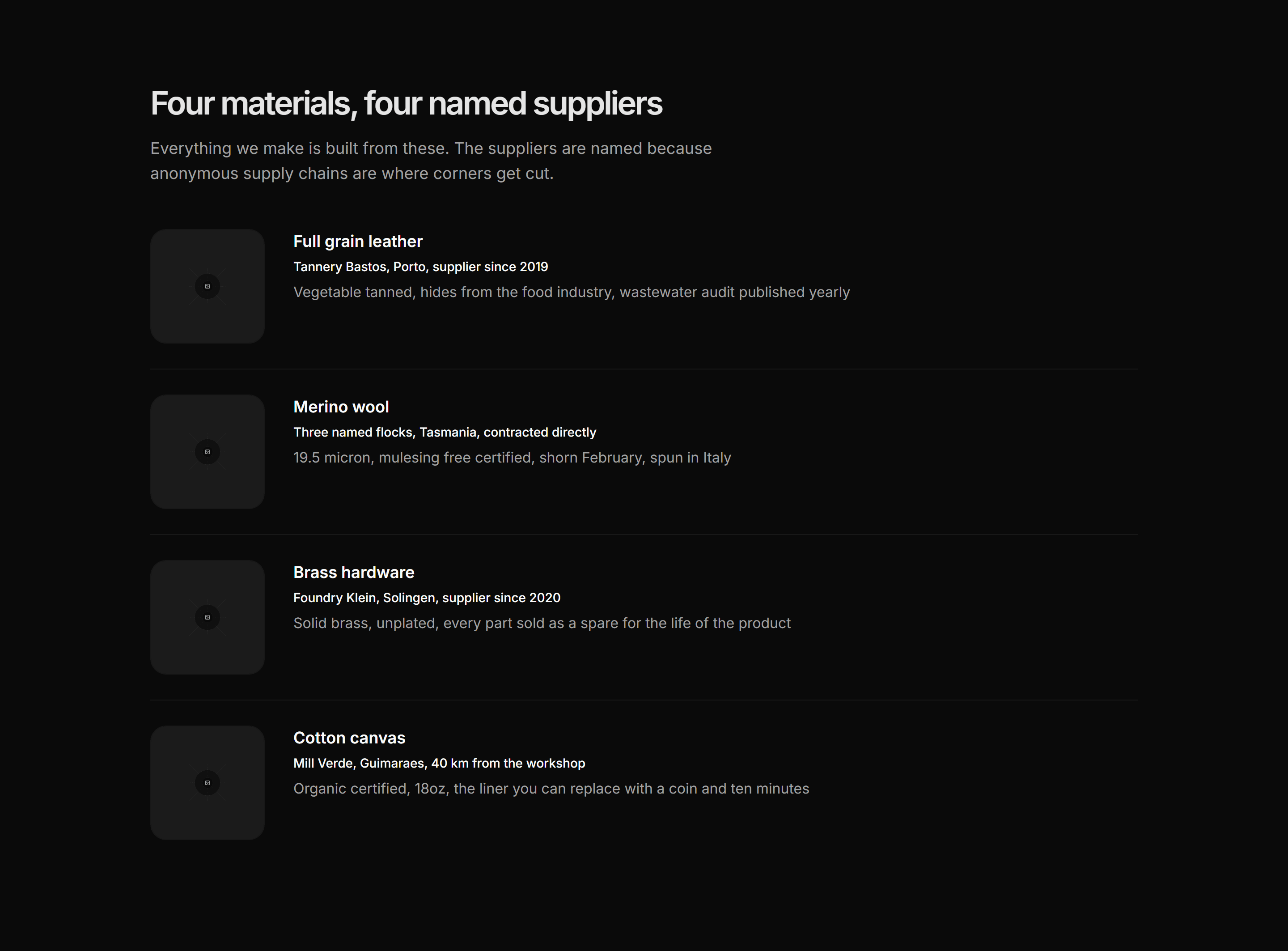 Ecommerce Brand Story: Materials Provenance Rows